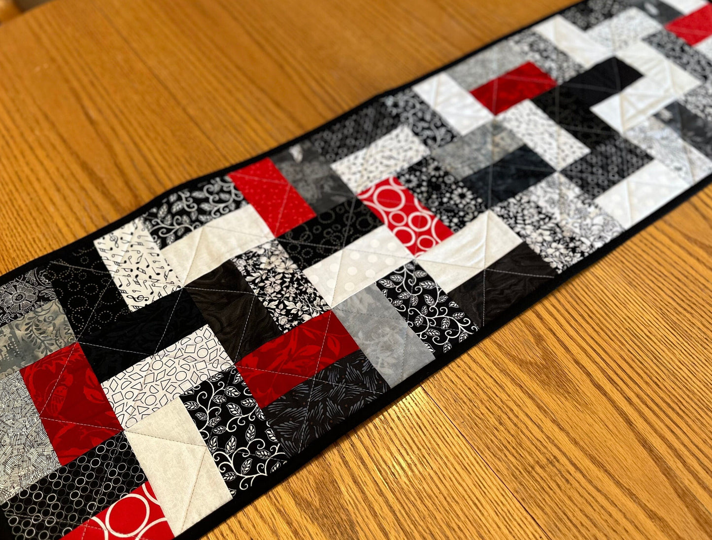 Handmade Quilted Table Runner: Black, Red & White Centerpiece for Home Decor (12x40 inches)