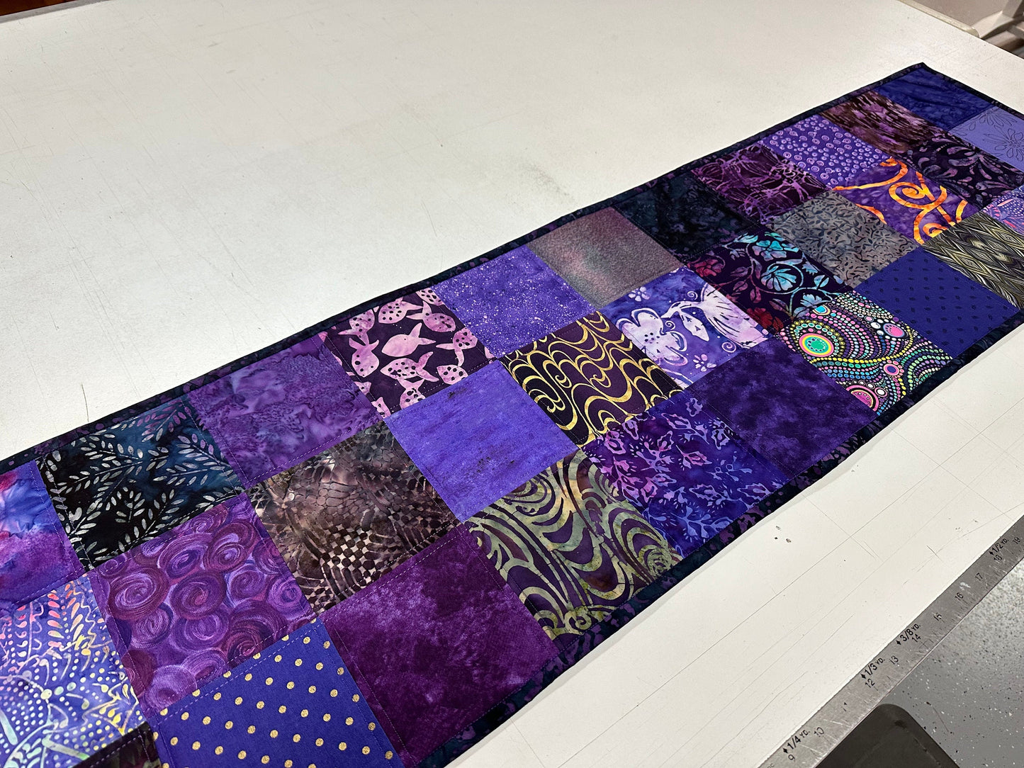 Handmade Purple Batik Quilted Table Runner: Floral Cotton Centerpiece 14x50
