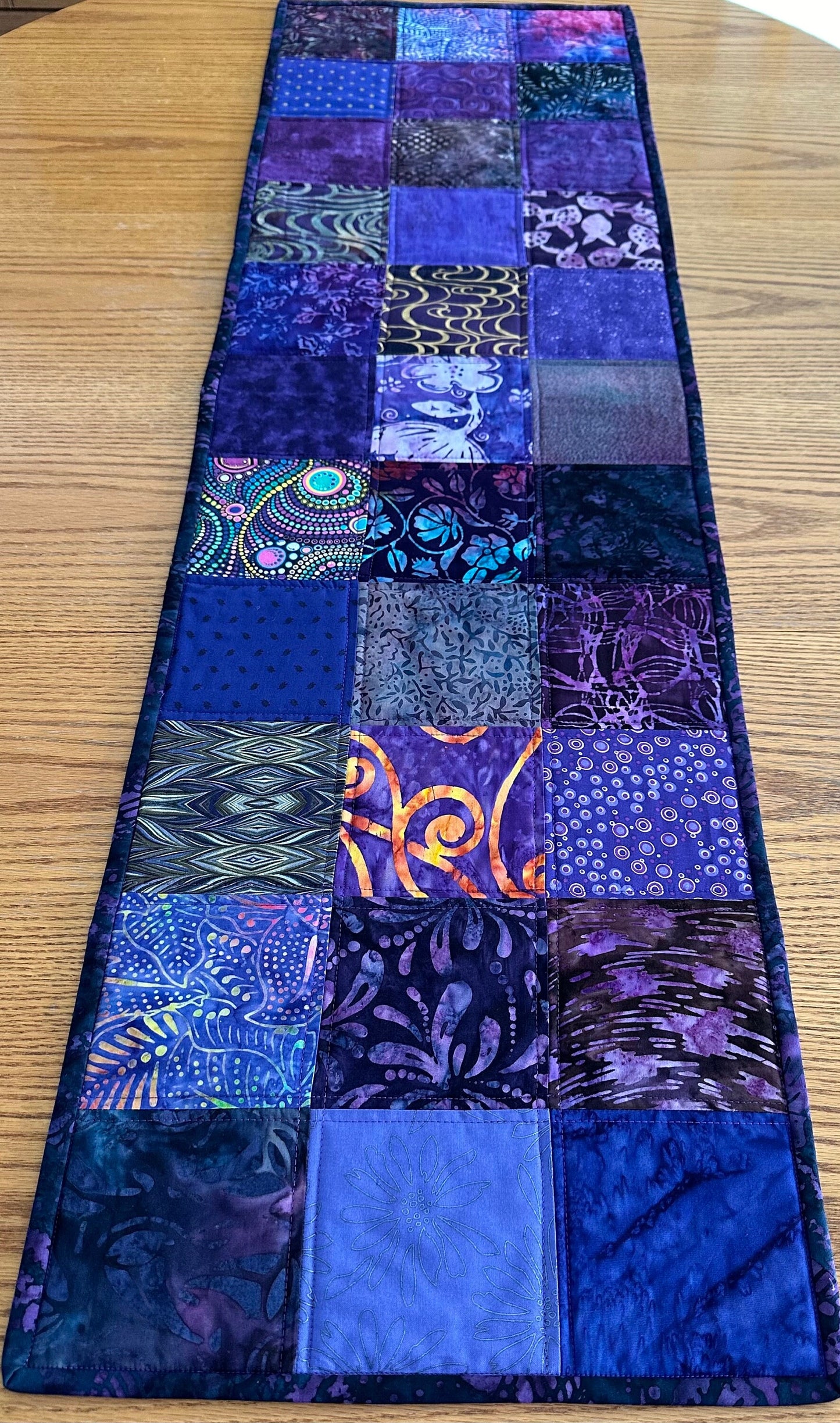 Handmade Purple Batik Quilted Table Runner: Floral Cotton Centerpiece 14x50