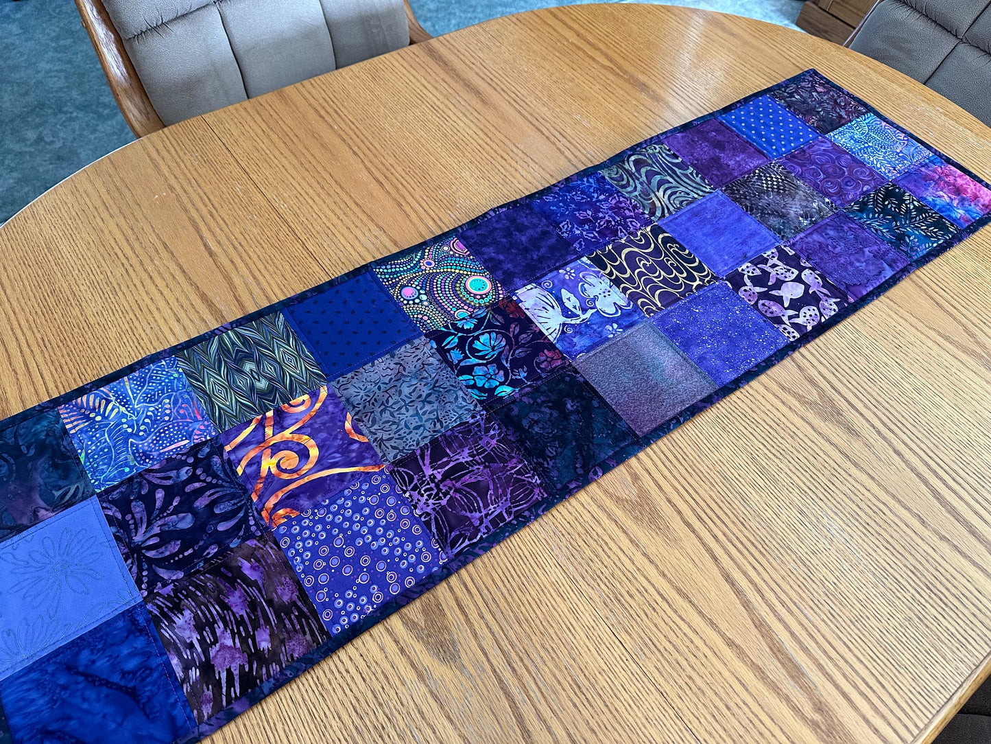 Handmade Purple Batik Quilted Table Runner: Floral Cotton Centerpiece 14x50