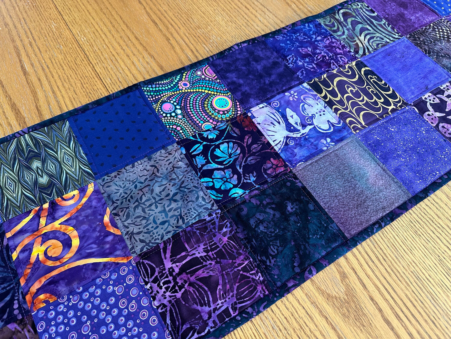 Handmade Purple Batik Quilted Table Runner: Floral Cotton Centerpiece 14x50