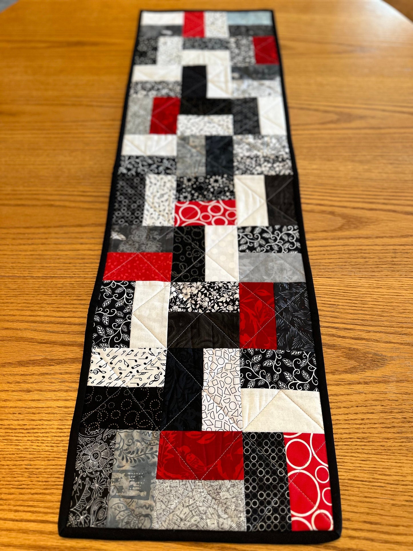 Handmade Quilted Table Runner: Black, Red & White Centerpiece for Home Decor (12x40 inches)