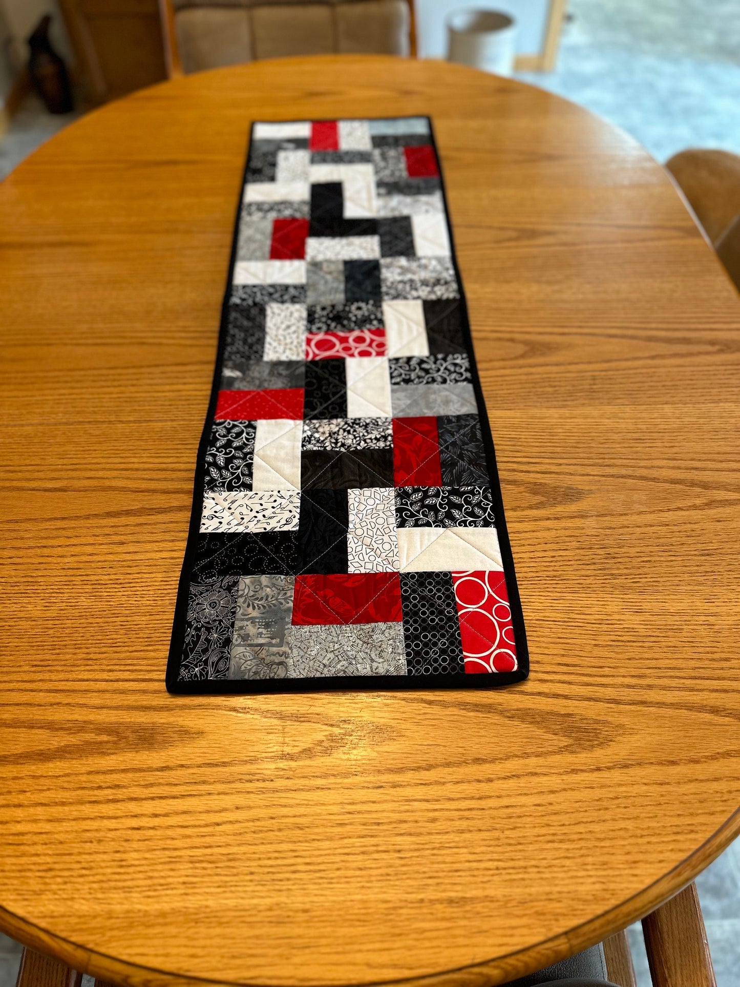 Handmade Quilted Table Runner: Black, Red & White Centerpiece for Home Decor (12x40 inches)