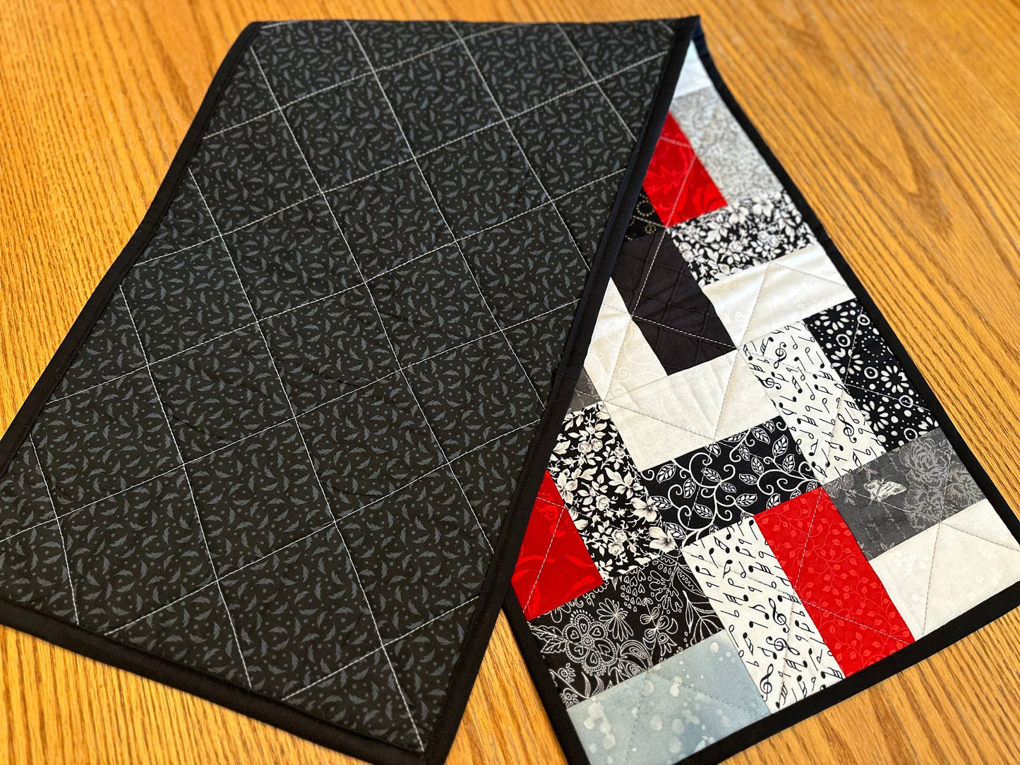 Handmade Quilted Table Runner: Black, Red & White Centerpiece for Home Decor (12x40 inches)