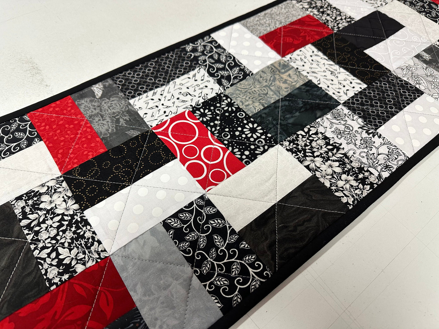 Handmade Quilted Table Runner: Black, Red & White Centerpiece for Home Decor (12x40 inches)