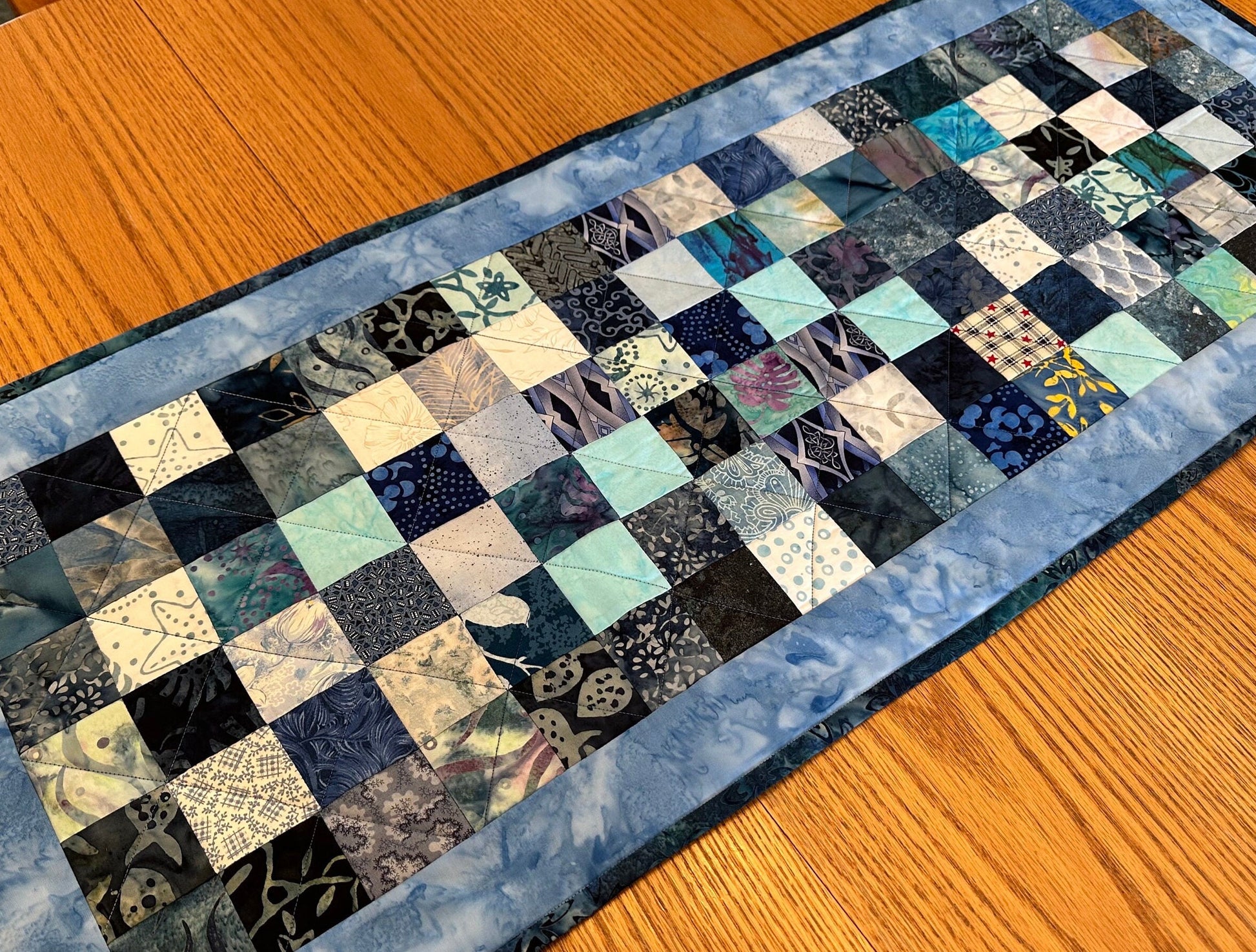 Handmade Blue Quilted Table Runner 16x40 - Custom Kitchen & Dining Room Decor Accent
