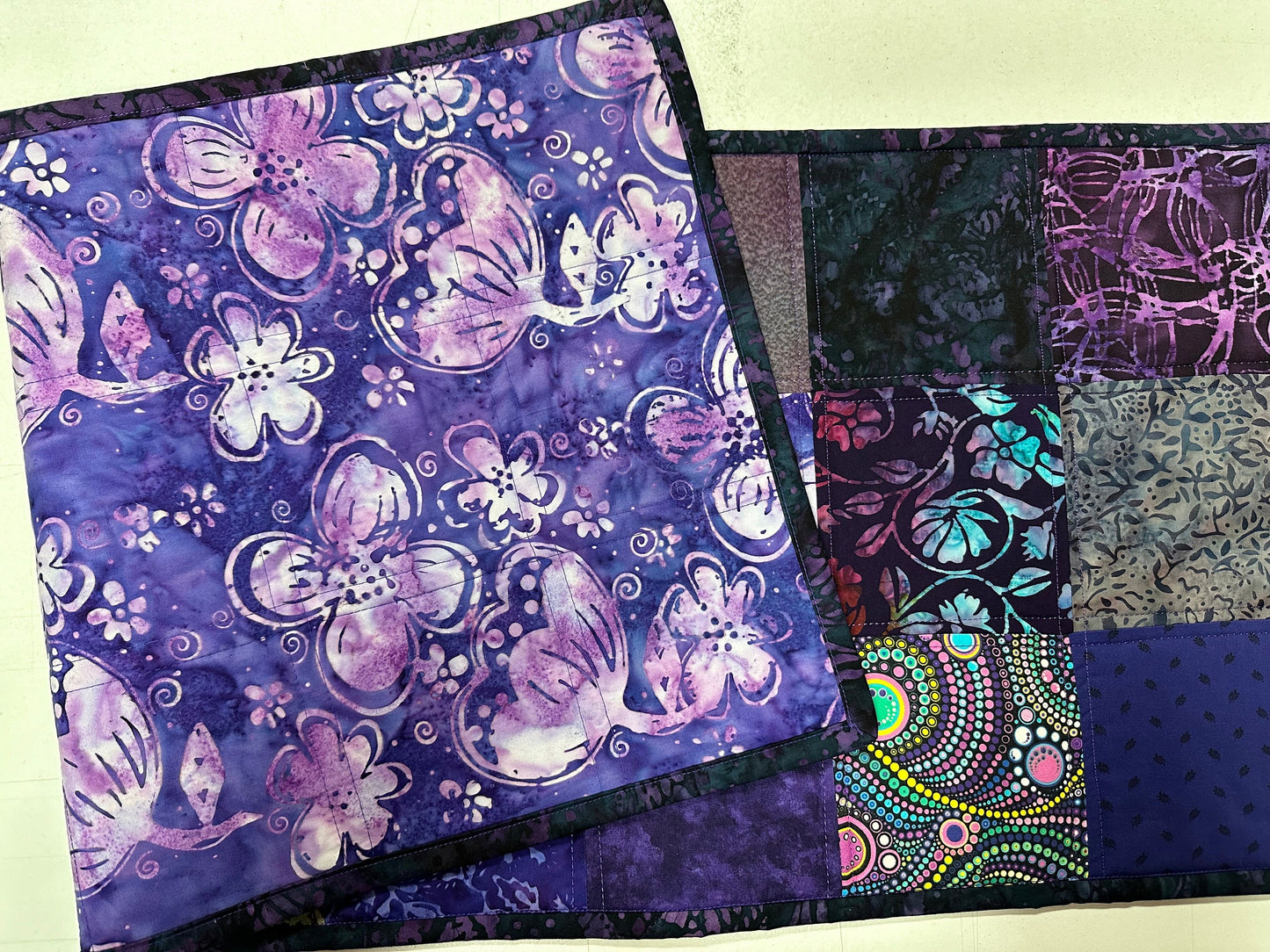 Handmade Purple Batik Quilted Table Runner: Floral Cotton Centerpiece 14x50