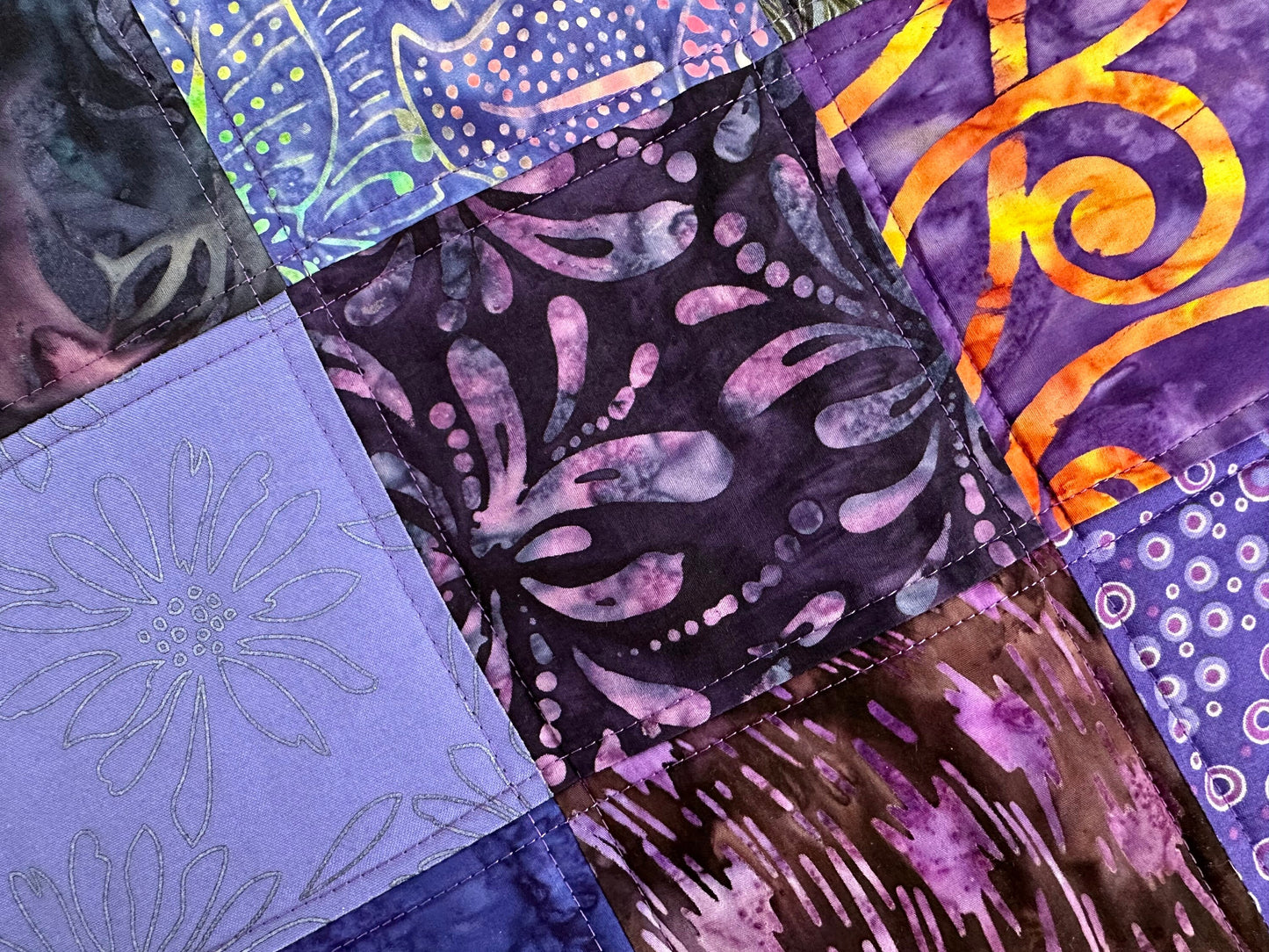 Handmade Purple Batik Quilted Table Runner: Floral Cotton Centerpiece 14x50