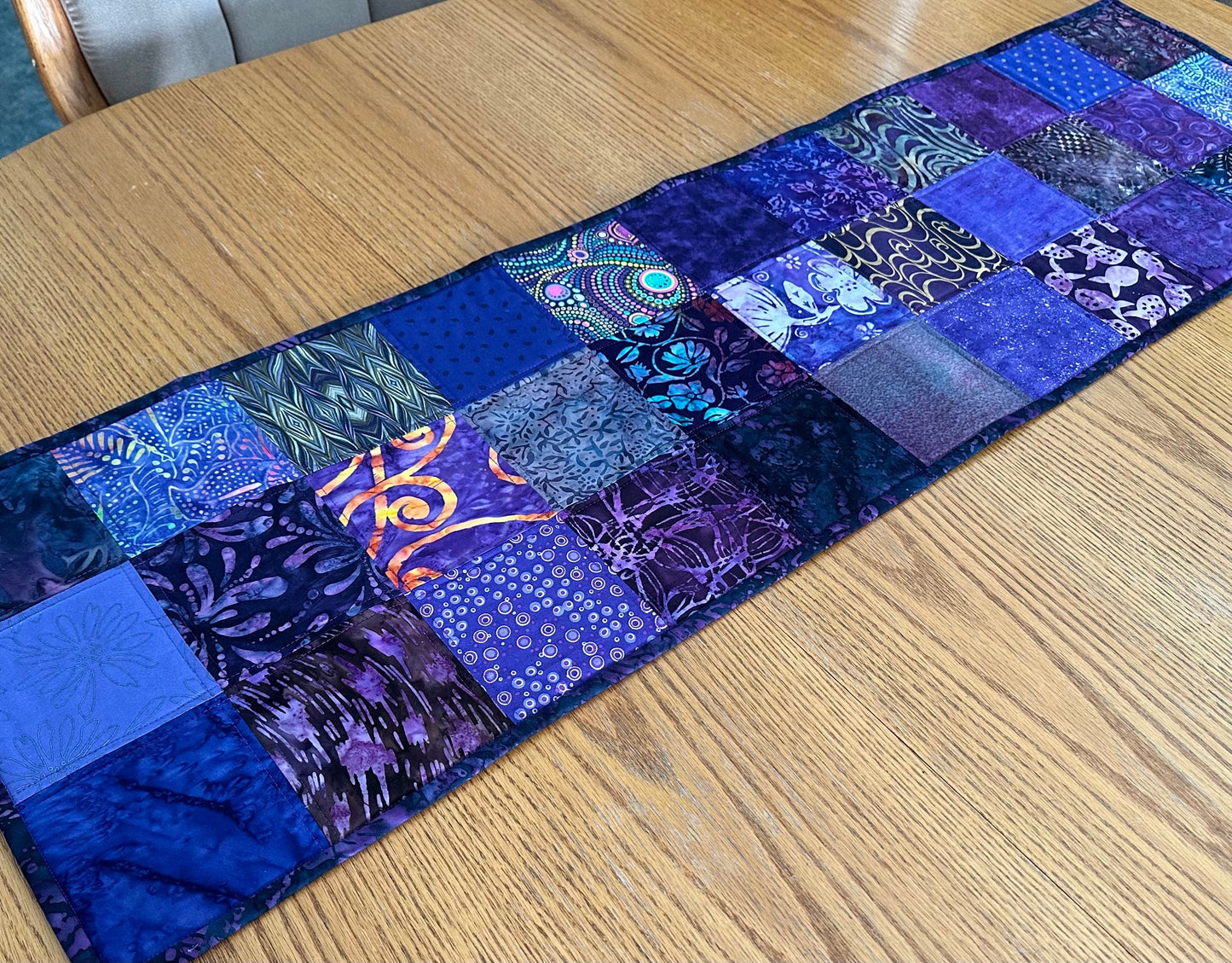 Handmade Purple Batik Quilted Table Runner: Floral Cotton Centerpiece 14x50