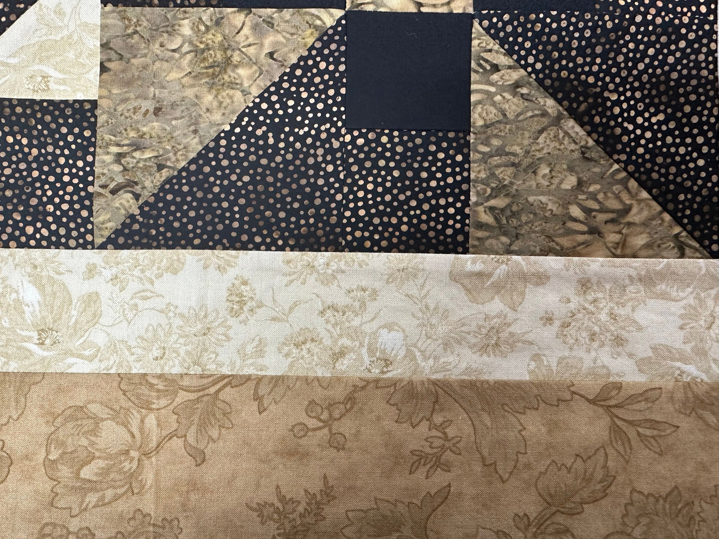 Handmade Patchwork Quilt Top: Black, Brown, Cream Floral Lap Throw (60x70 inches)