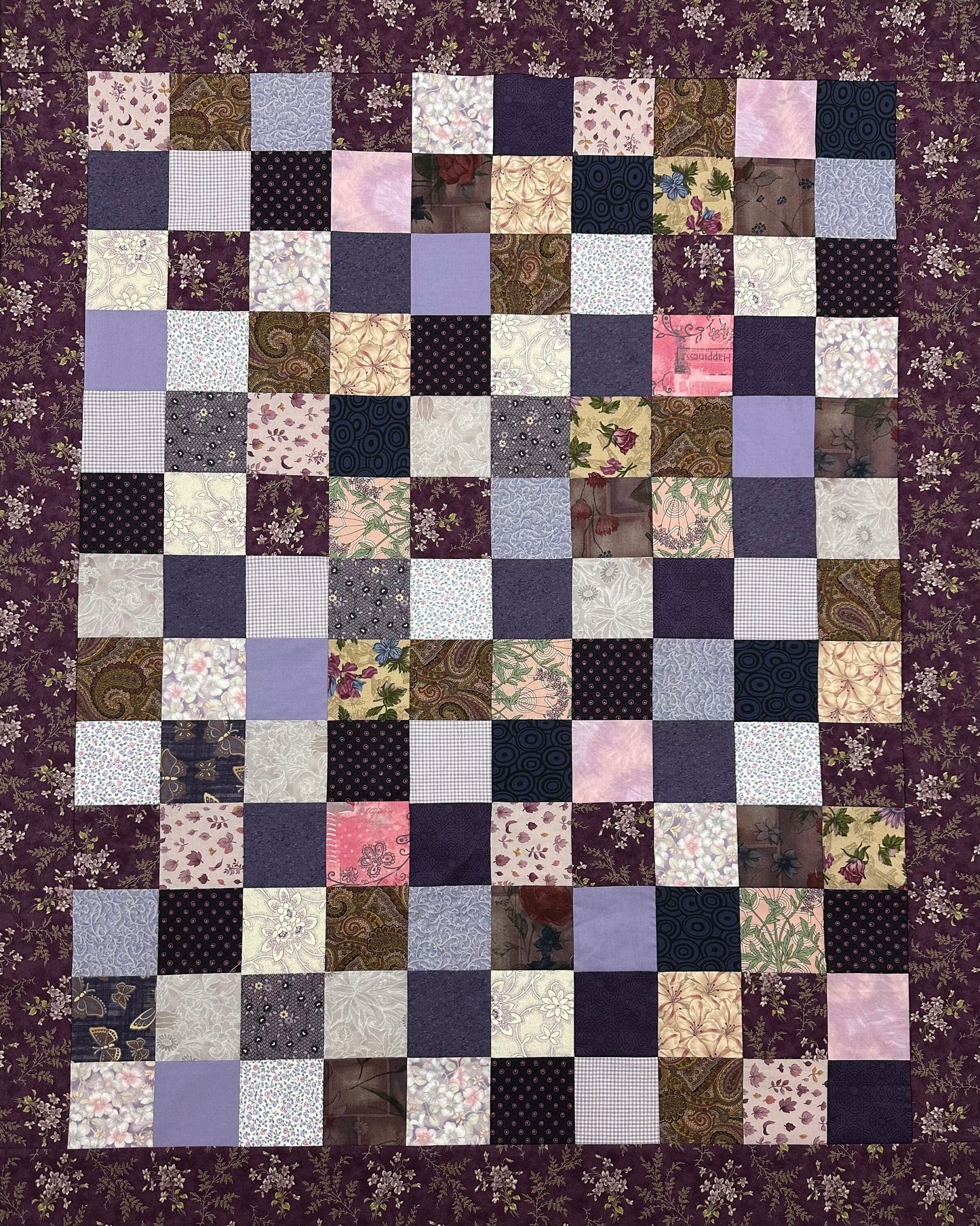 Unfinished Purple Floral Crib Quilt Top: Handmade Cotton Lap Throw, Modern Nursery Decor 36x45
