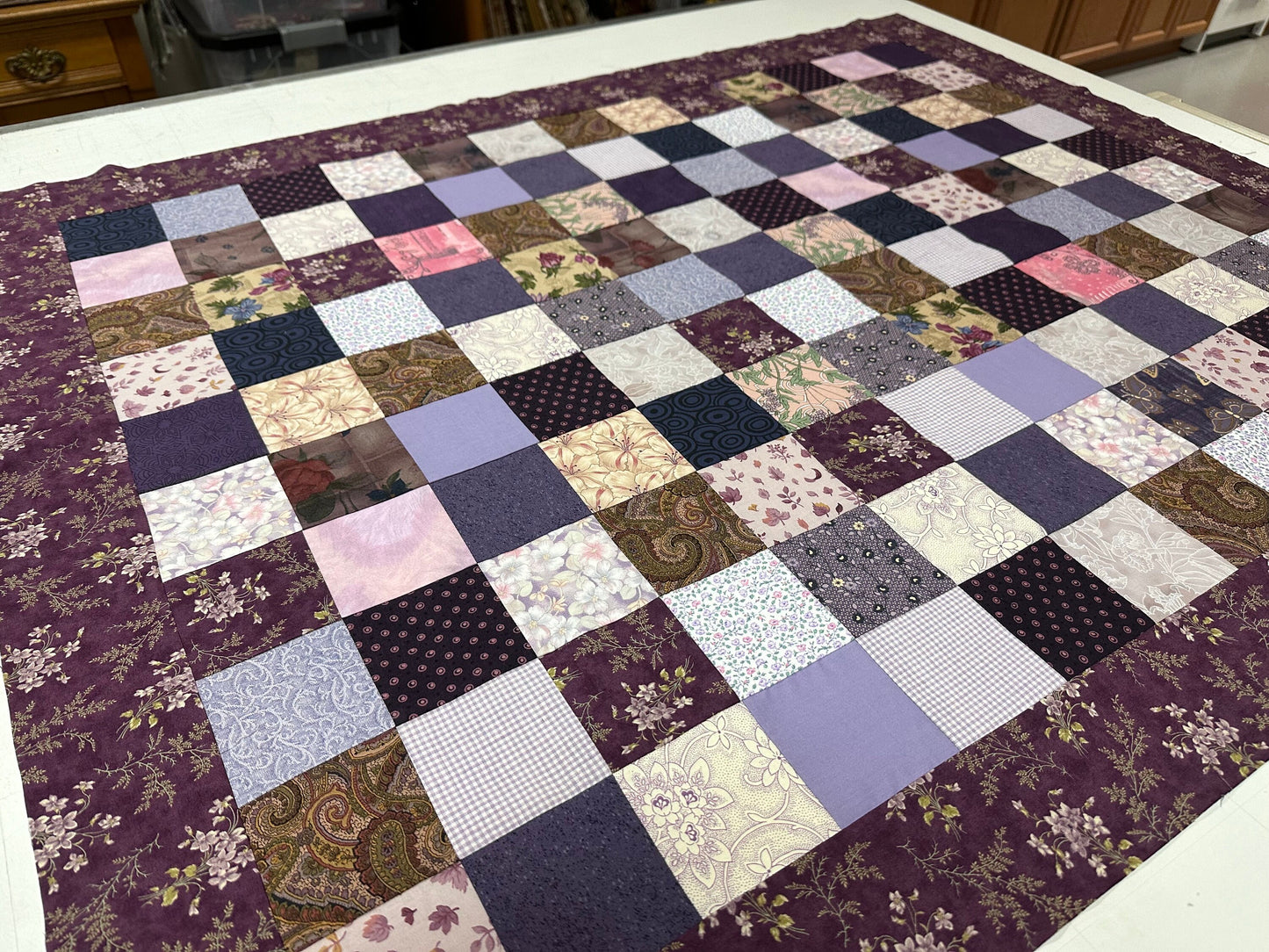 Unfinished Purple Floral Crib Quilt Top: Handmade Cotton Lap Throw, Modern Nursery Decor 36x45