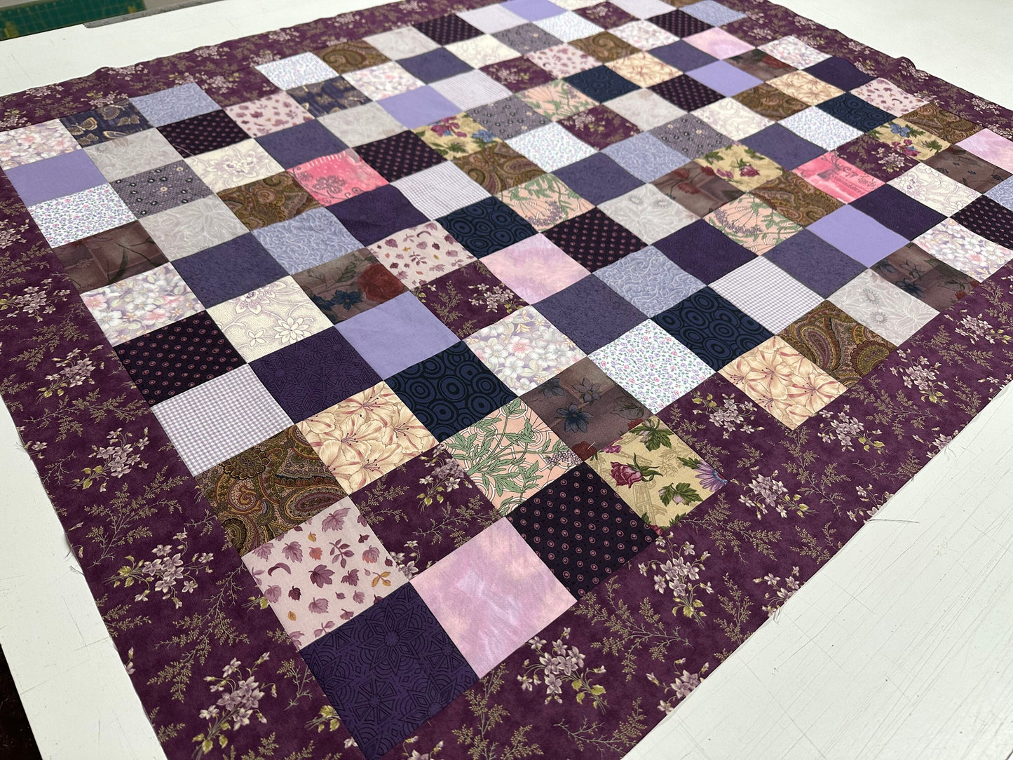 Unfinished Purple Floral Crib Quilt Top: Handmade Cotton Lap Throw, Modern Nursery Decor 36x45