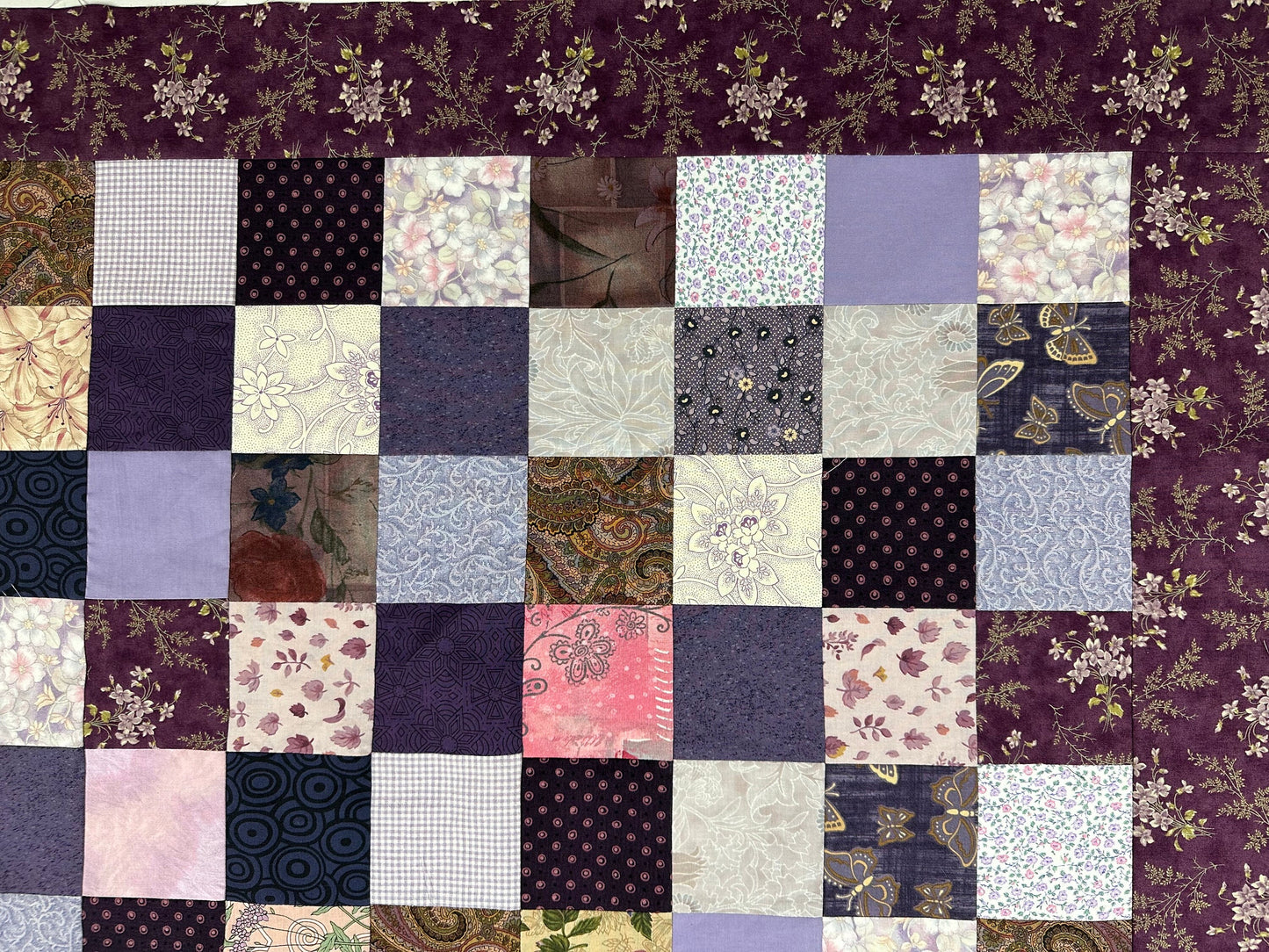 Unfinished Purple Floral Crib Quilt Top: Handmade Cotton Lap Throw, Modern Nursery Decor 36x45