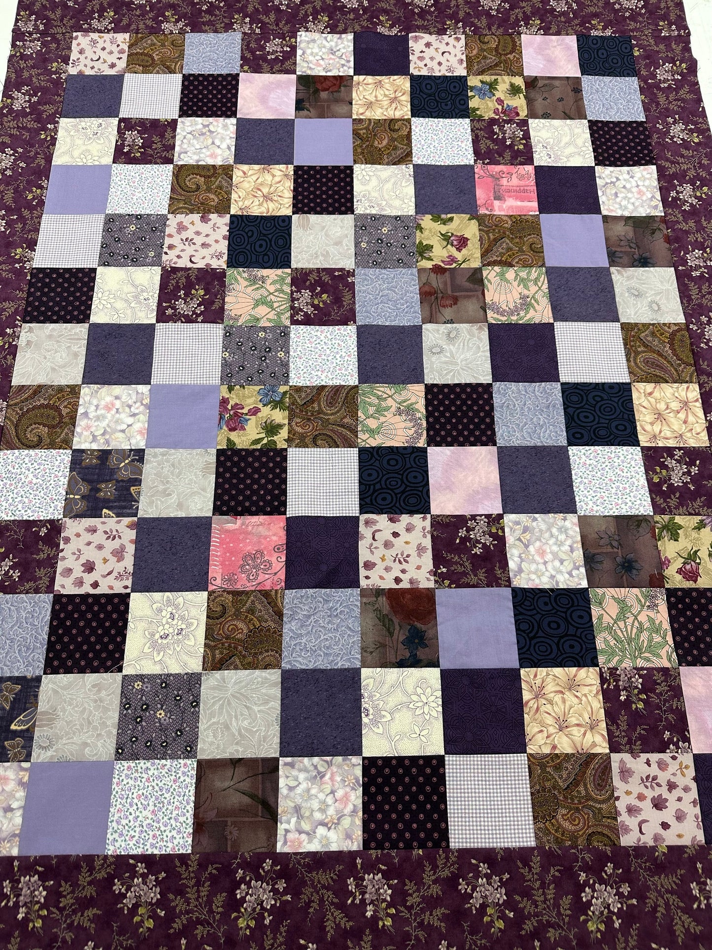 Unfinished Purple Floral Crib Quilt Top: Handmade Cotton Lap Throw, Modern Nursery Decor 36x45