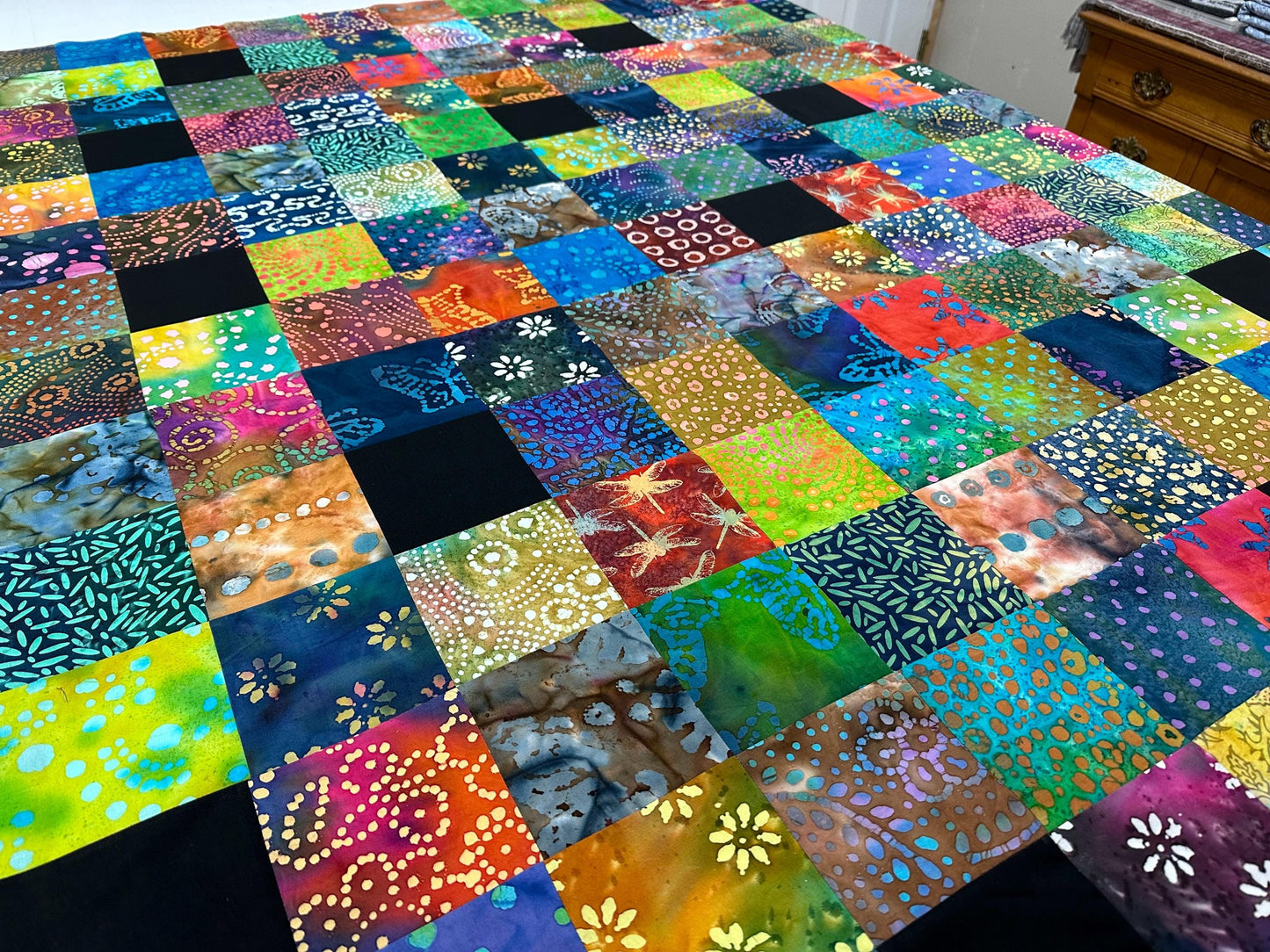 Vibrant Handmade Batik Unfinished Quilt Top: Multi-Color Pieced Patchwork, 54x63 Inches