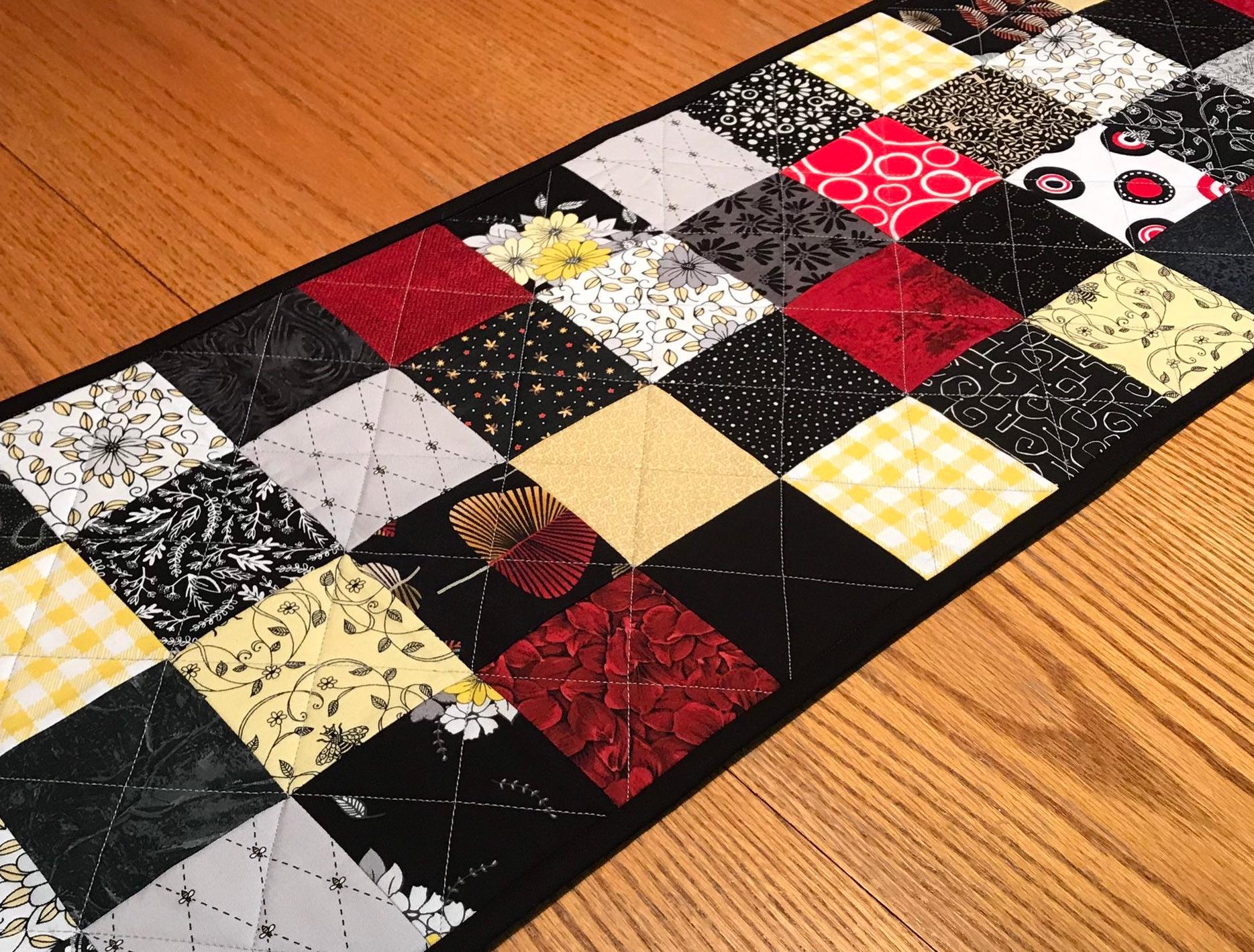 Quilted Table Runner: Black, Red, Yellow Patchwork Centerpiece - Modern Farmhouse Decor (12x39)