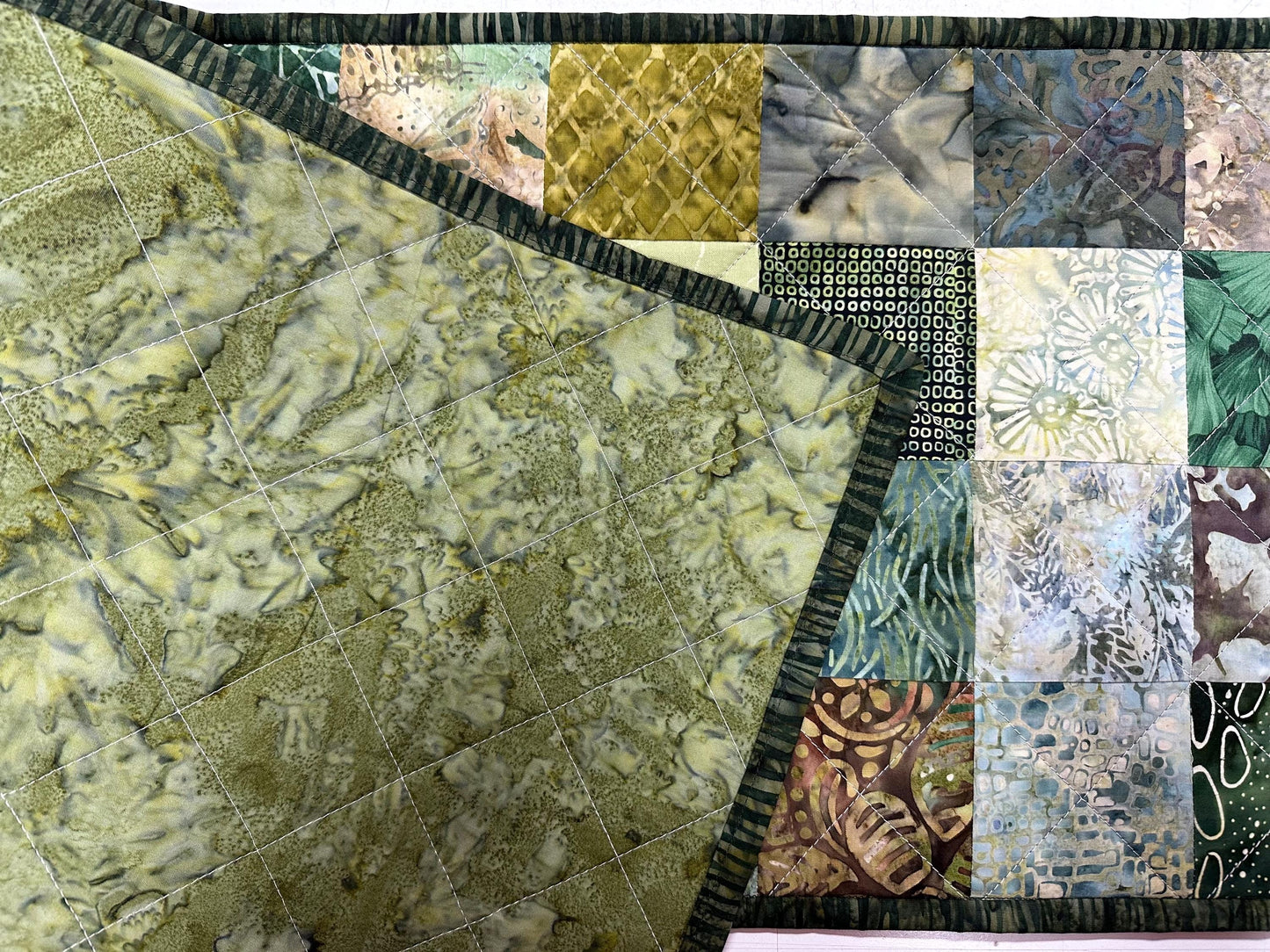 Handmade Green Quilted Table Runner: Batik Floral Centerpiece (12x61)