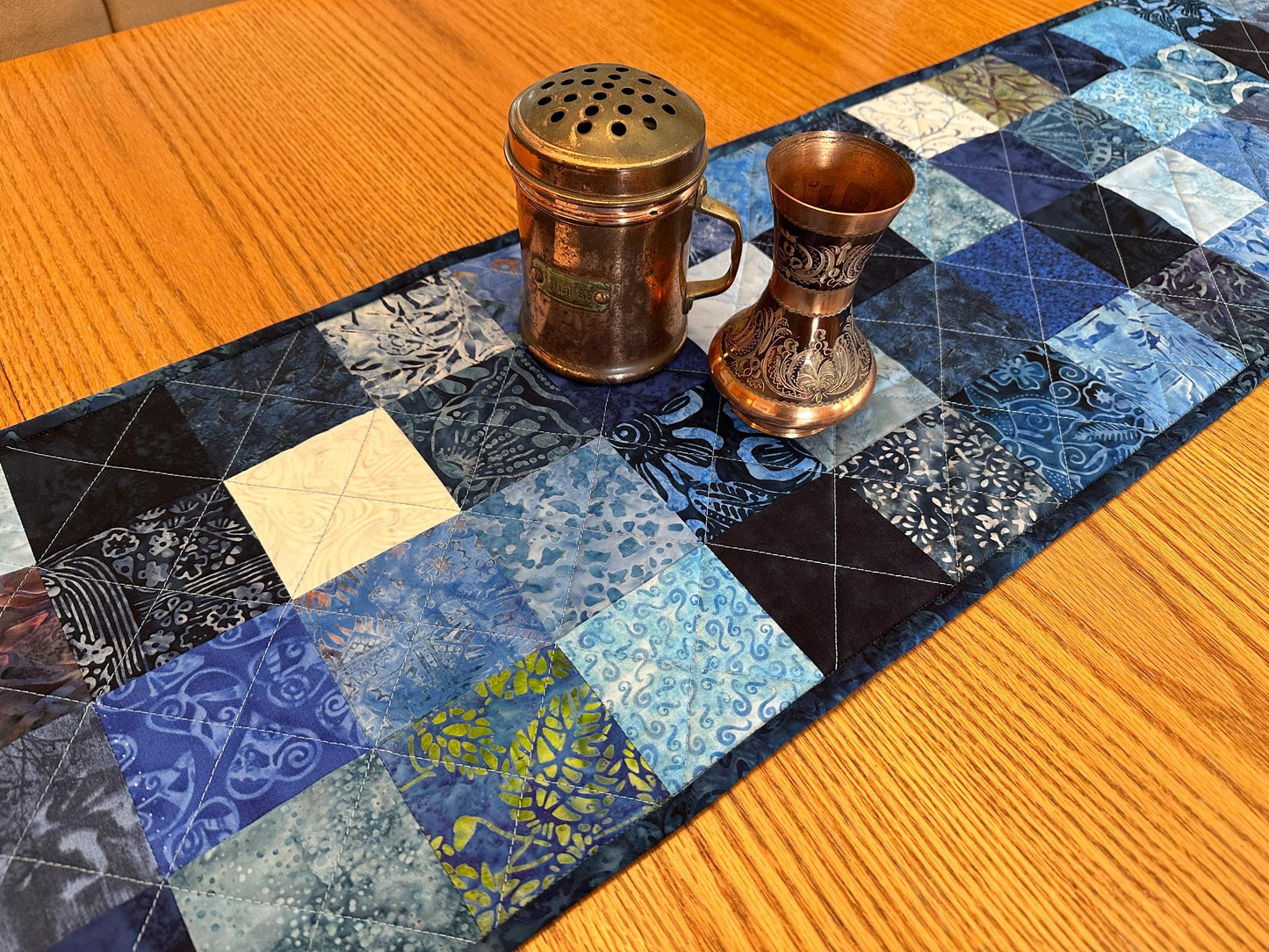 Handmade Blue Batik Table Runner: 13x61 Quilted Centerpiece for Kitchen, Housewarming, Bridal Shower