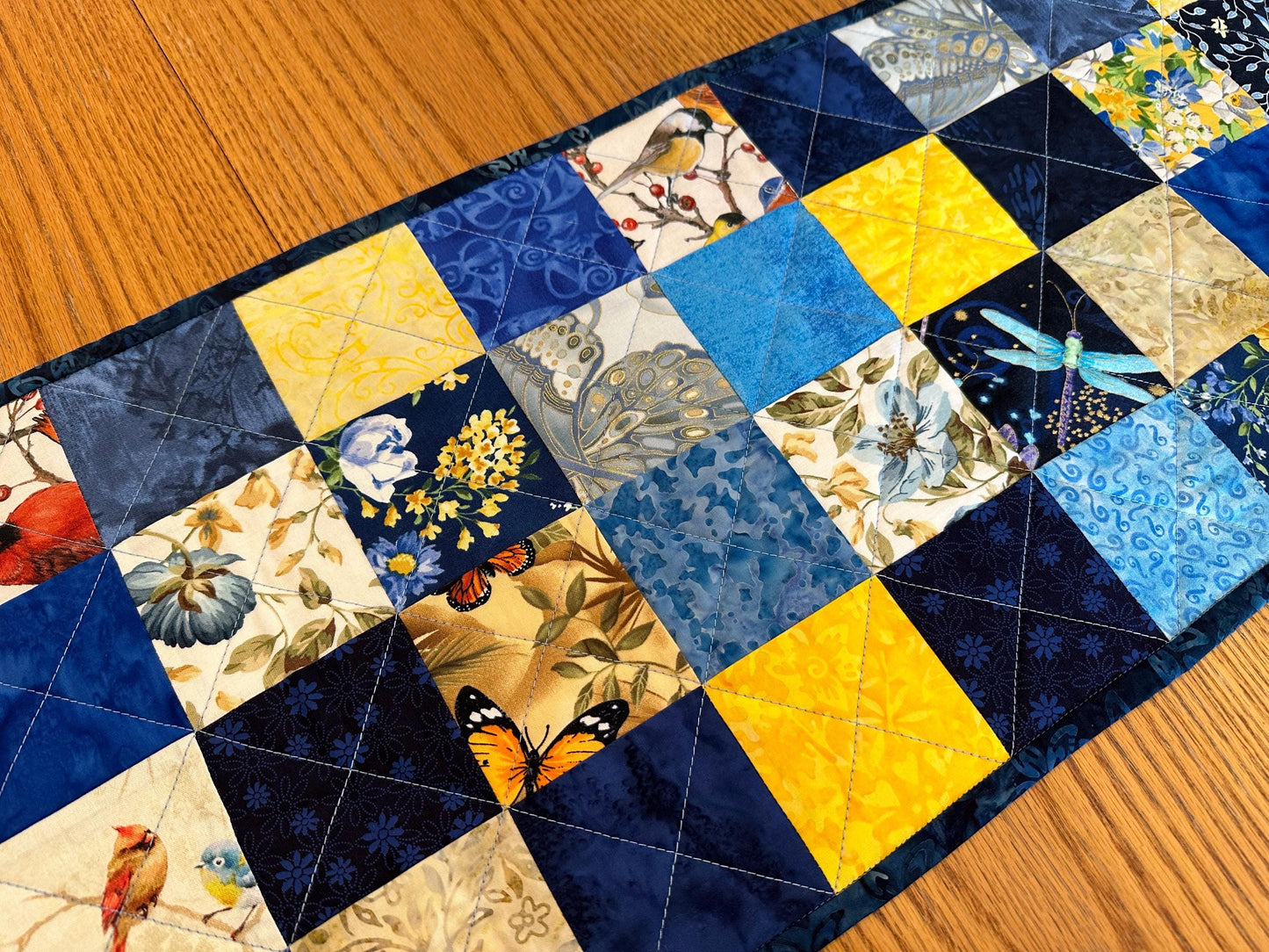Vibrant Birds & Butterflies Table Runner: Spring-Summer Kitchen Centerpiece, 13x61 Quilted Decor