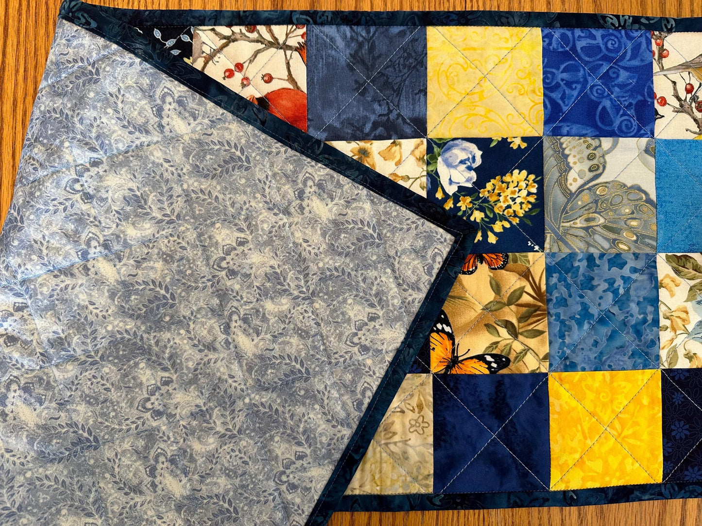 Vibrant Birds & Butterflies Table Runner: Spring-Summer Kitchen Centerpiece, 13x61 Quilted Decor