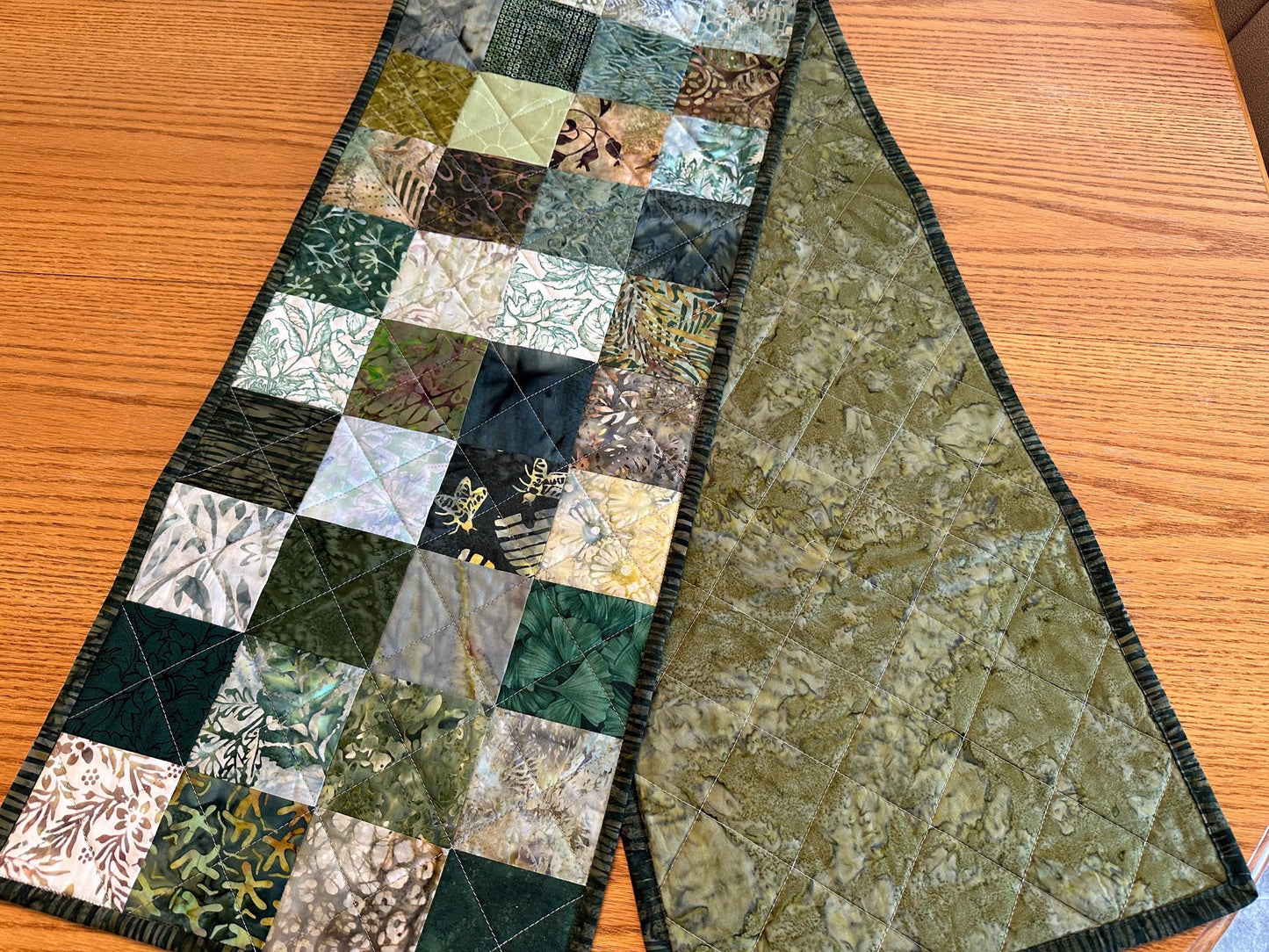 Handmade Green Quilted Table Runner: Batik Floral Centerpiece (12x61)