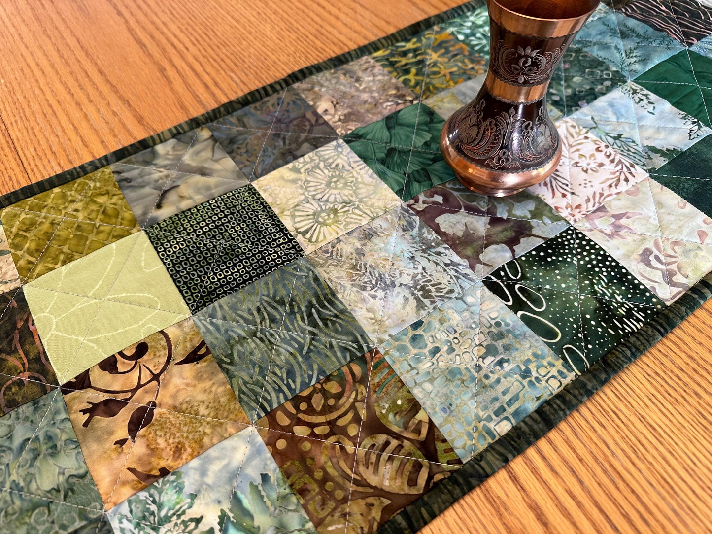 Handmade Green Quilted Table Runner: Batik Floral Centerpiece (12x61)