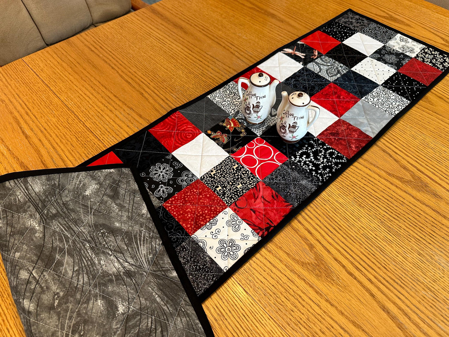 Quilted Table Runner: Red, Black & White Batik Floral Centerpiece 12 x 48