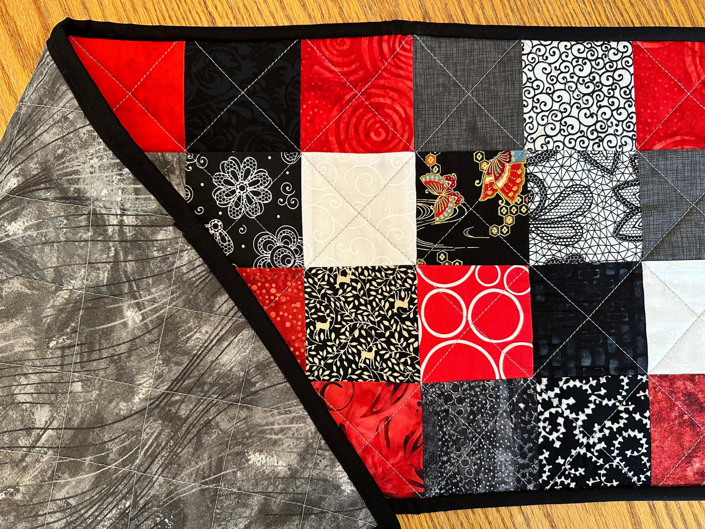 Quilted Table Runner: Red, Black & White Batik Floral Centerpiece 12 x 48