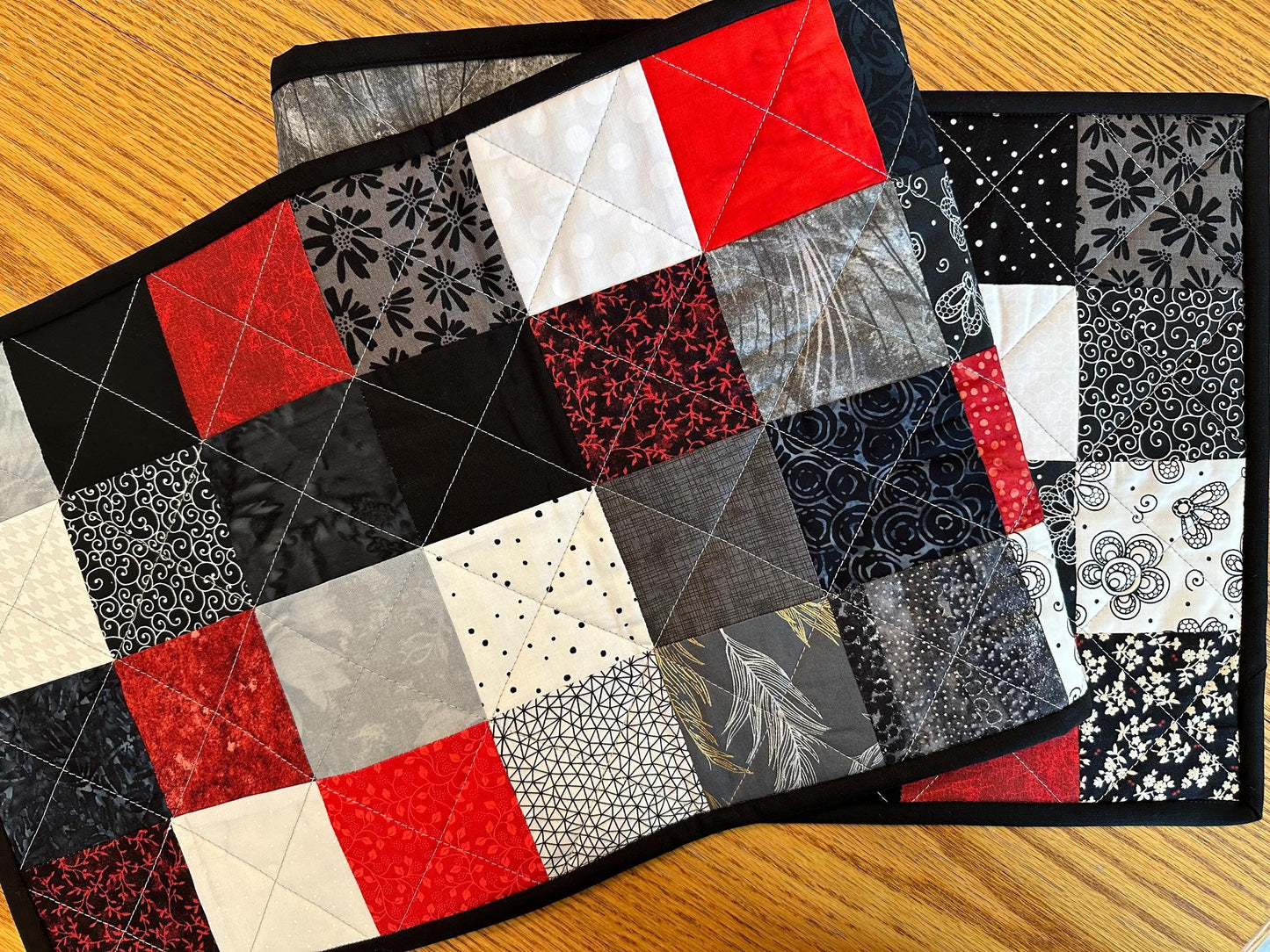 Quilted Table Runner: Red, Black & White Batik Floral Centerpiece 12 x 48