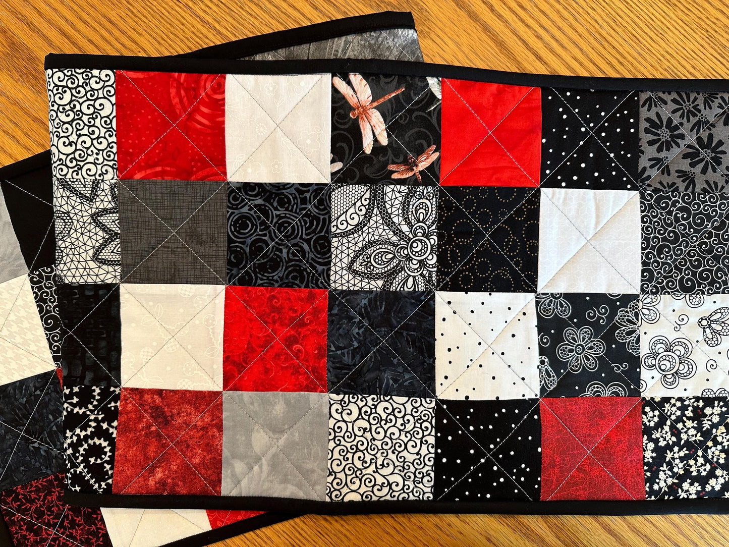 Quilted Table Runner: Red, Black & White Batik Floral Centerpiece 12 x 48