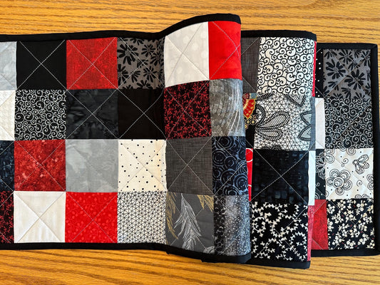 Quilted Table Runner: Red, Black & White Batik Floral Centerpiece 12 x 48