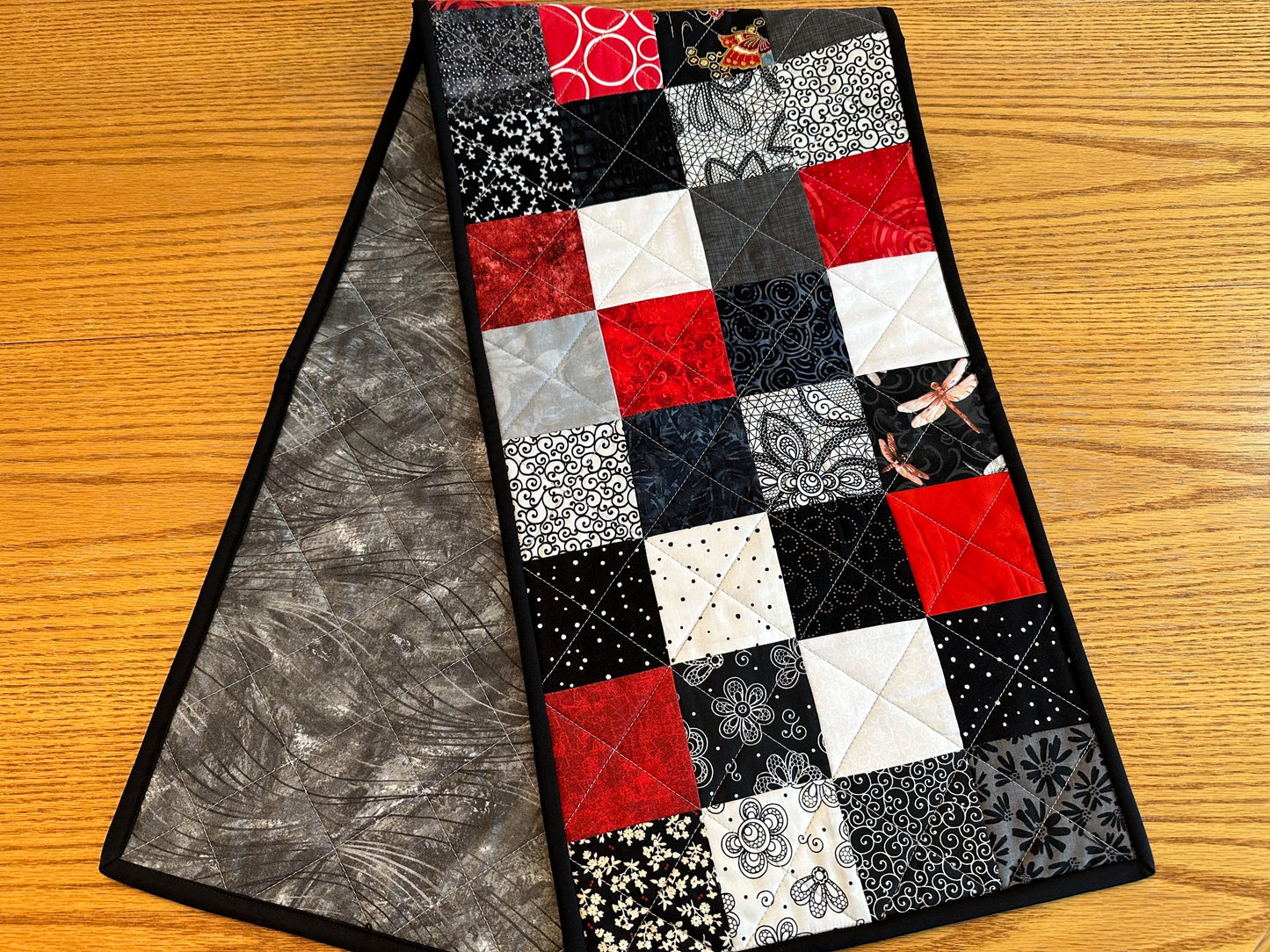 Quilted Table Runner: Red, Black & White Batik Floral Centerpiece 12 x 48