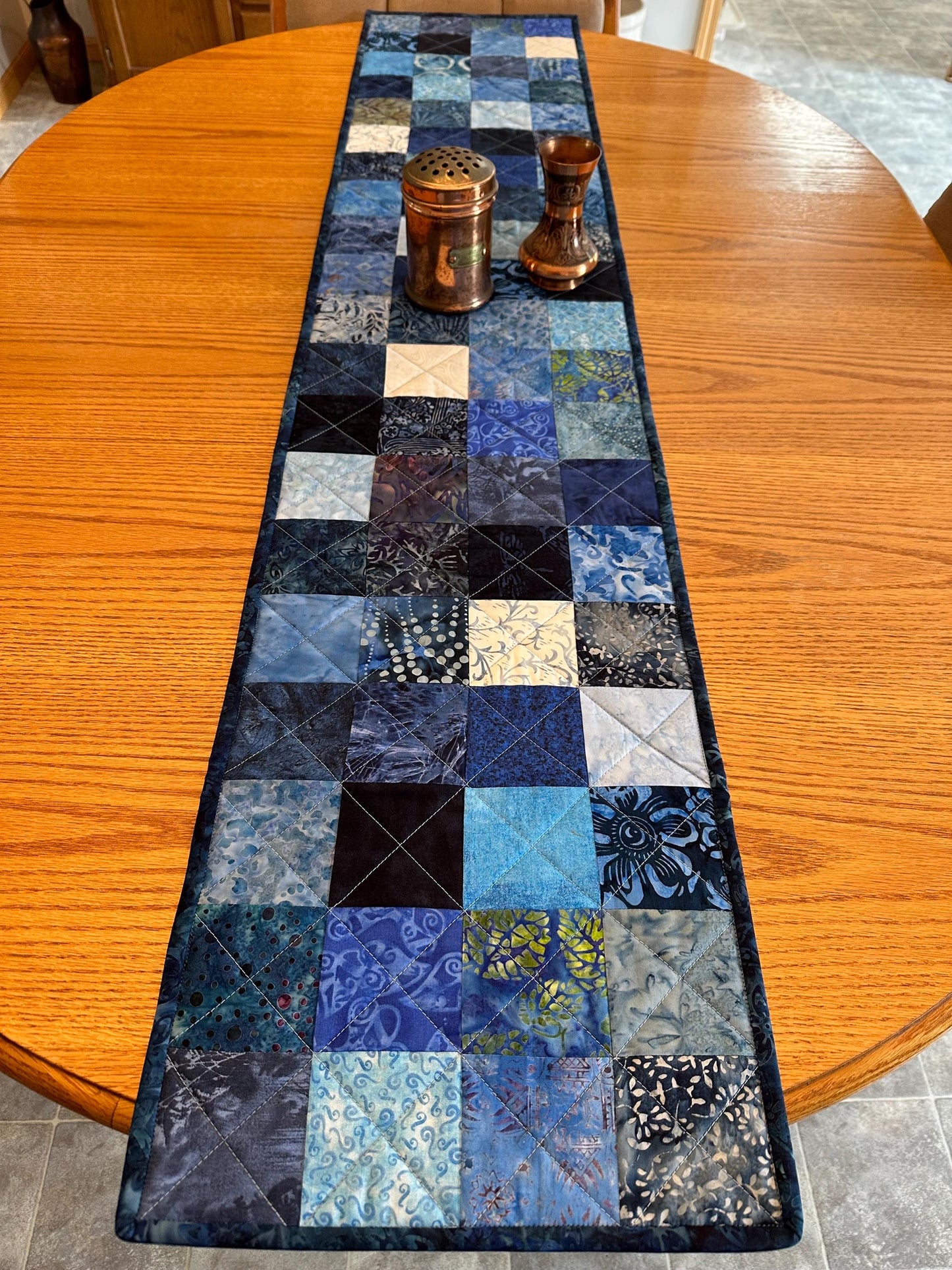 Handmade Blue Batik Table Runner: 13x61 Quilted Centerpiece for Kitchen, Housewarming, Bridal Shower