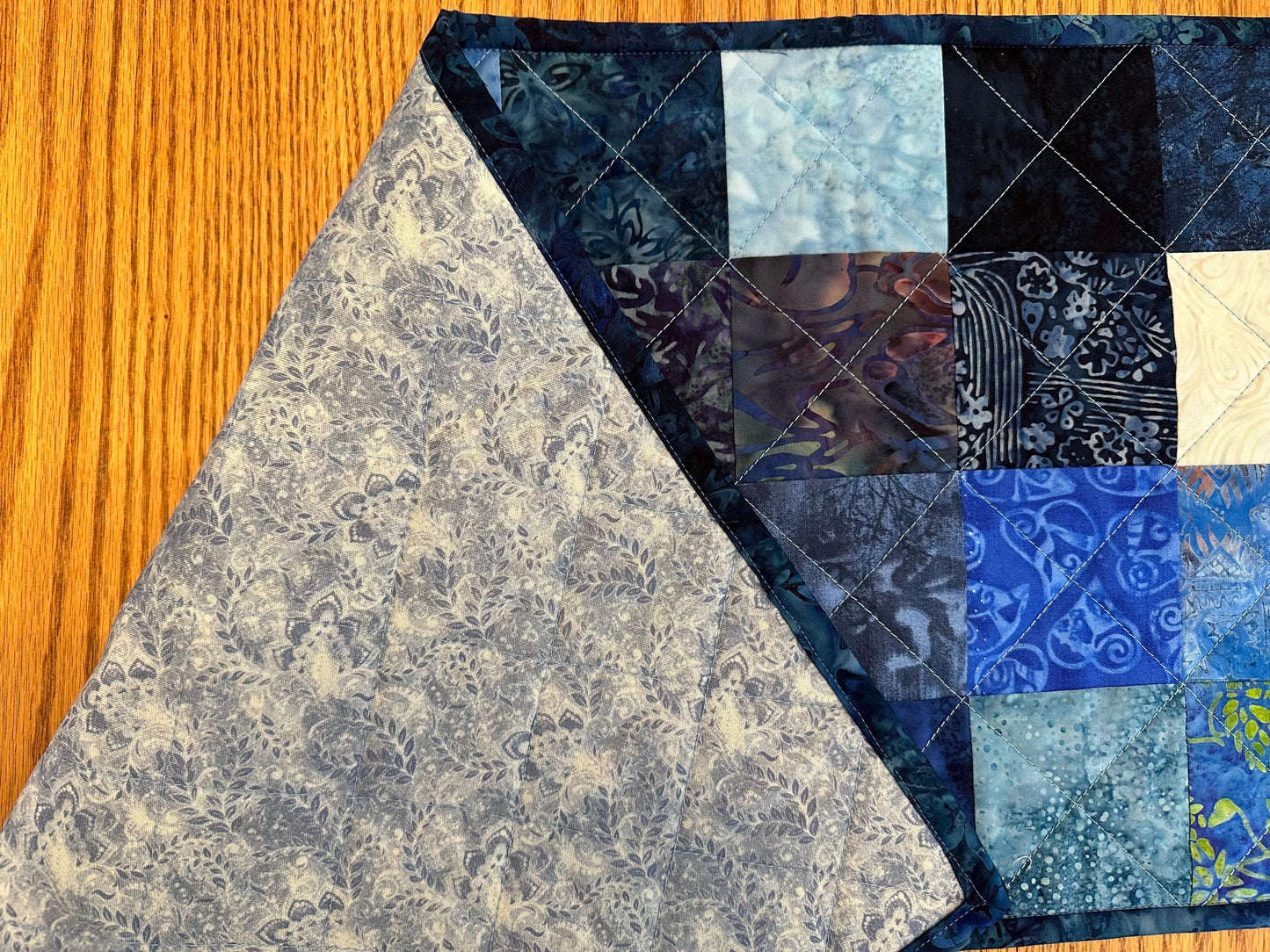 Handmade Blue Batik Table Runner: 13x61 Quilted Centerpiece for Kitchen, Housewarming, Bridal Shower