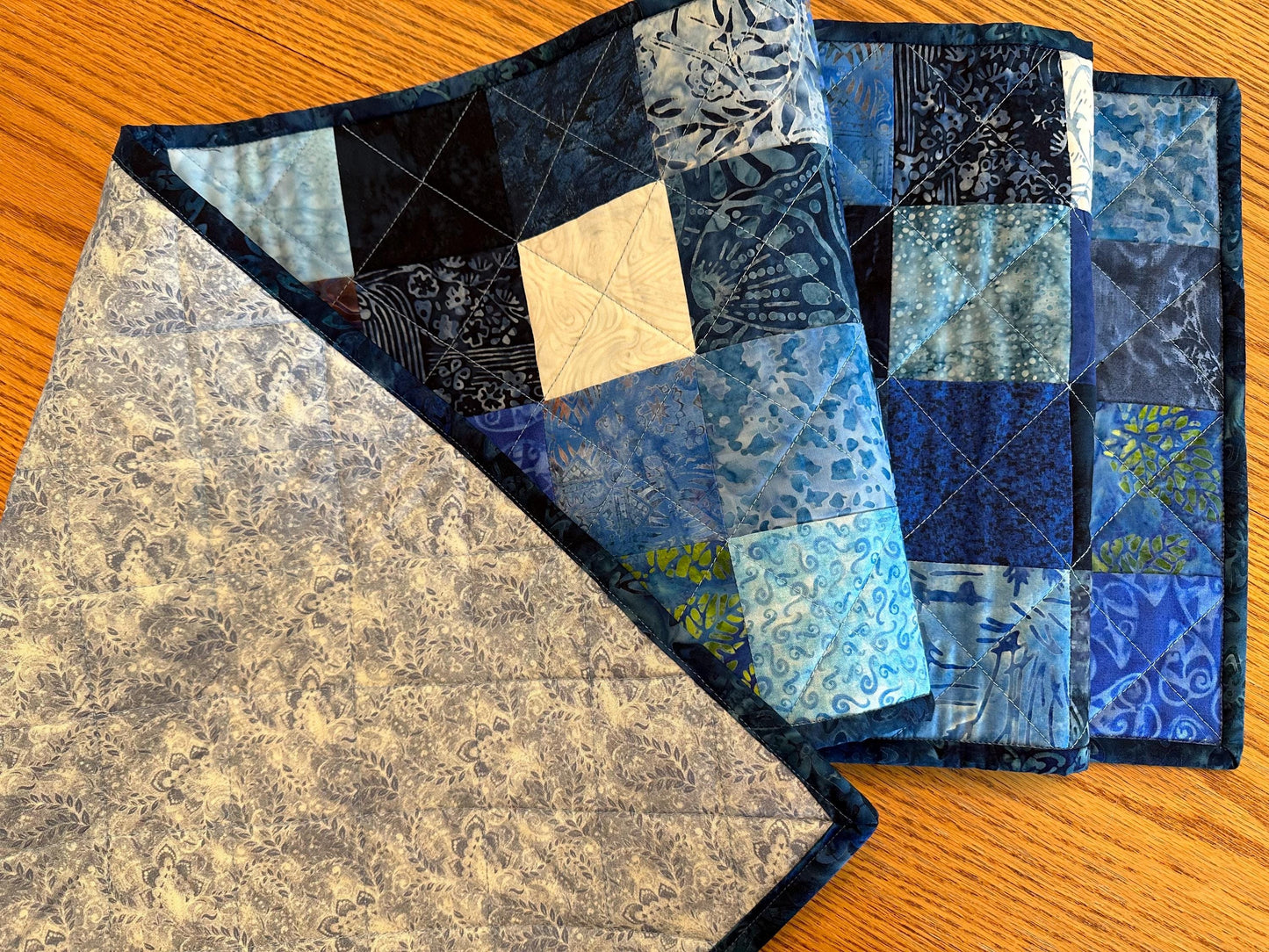 Handmade Blue Batik Table Runner: 13x61 Quilted Centerpiece for Kitchen, Housewarming, Bridal Shower