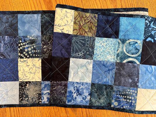 Handmade Blue Batik Table Runner: 13x61 Quilted Centerpiece for Kitchen, Housewarming, Bridal Shower