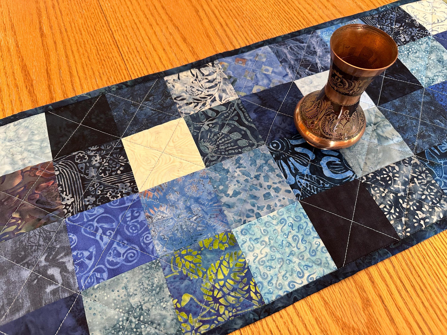 Handmade Blue Batik Table Runner: 13x61 Quilted Centerpiece for Kitchen, Housewarming, Bridal Shower