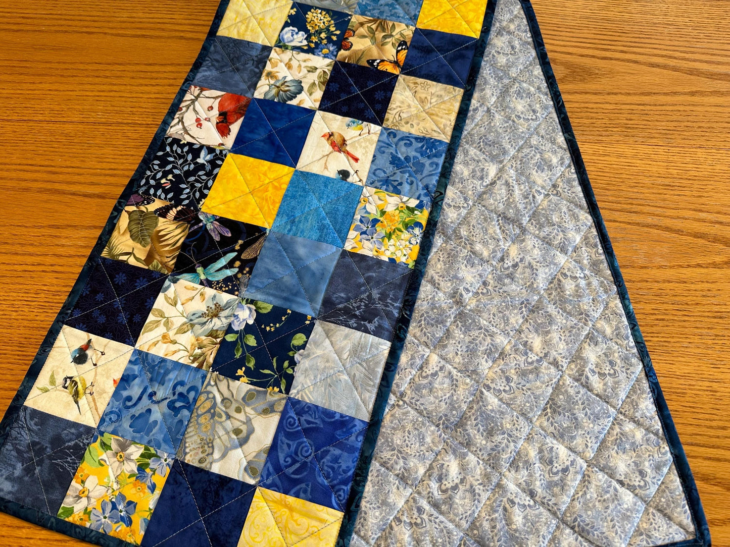 Vibrant Birds & Butterflies Table Runner: Spring-Summer Kitchen Centerpiece, 13x61 Quilted Decor