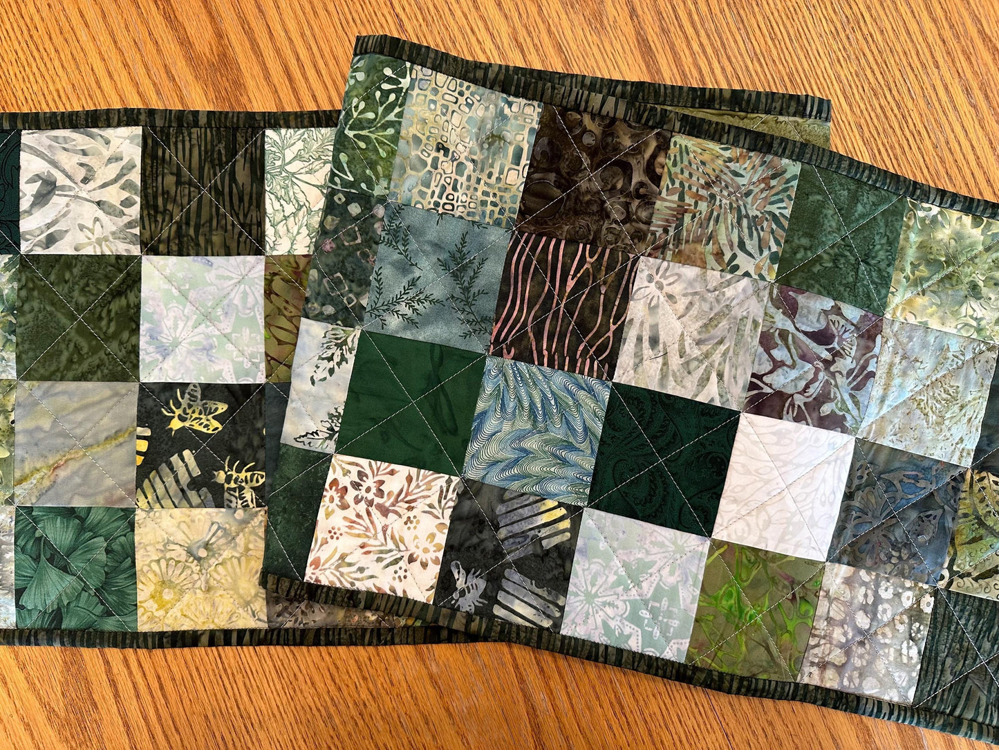 Handmade Green Quilted Table Runner: Batik Floral Centerpiece (12x61)