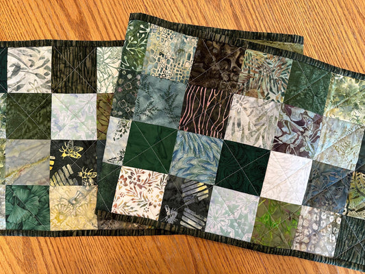 Handmade Green Quilted Table Runner: Batik Floral Centerpiece (12x61)