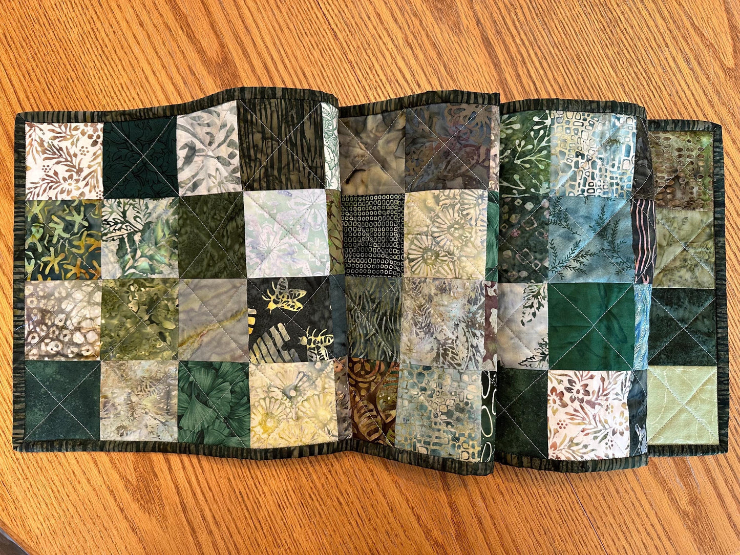 Handmade Green Quilted Table Runner: Batik Floral Centerpiece (12x61)