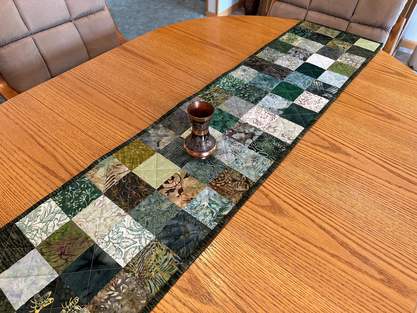 Handmade Green Quilted Table Runner: Batik Floral Centerpiece (12x61)