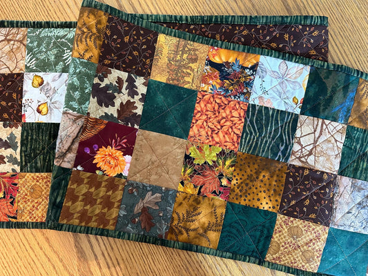 Handmade Autumn Quilted Table Runner: Fall Leaves, Acorns, Pumpkins - 12x61