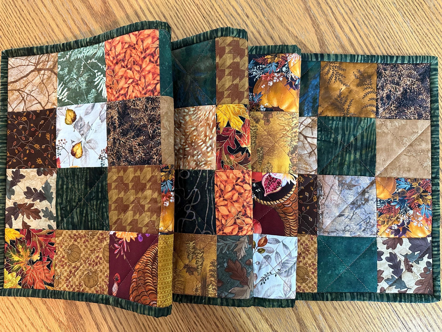 Handmade Autumn Quilted Table Runner: Fall Leaves, Acorns, Pumpkins - 12x61