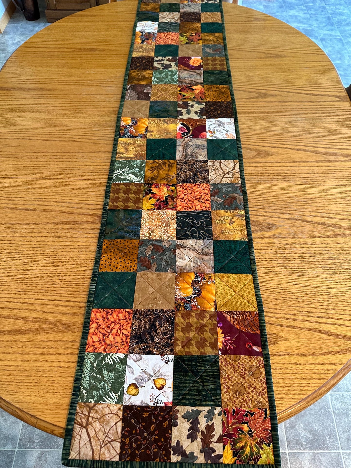 Handmade Autumn Quilted Table Runner: Fall Leaves, Acorns, Pumpkins - 12x61