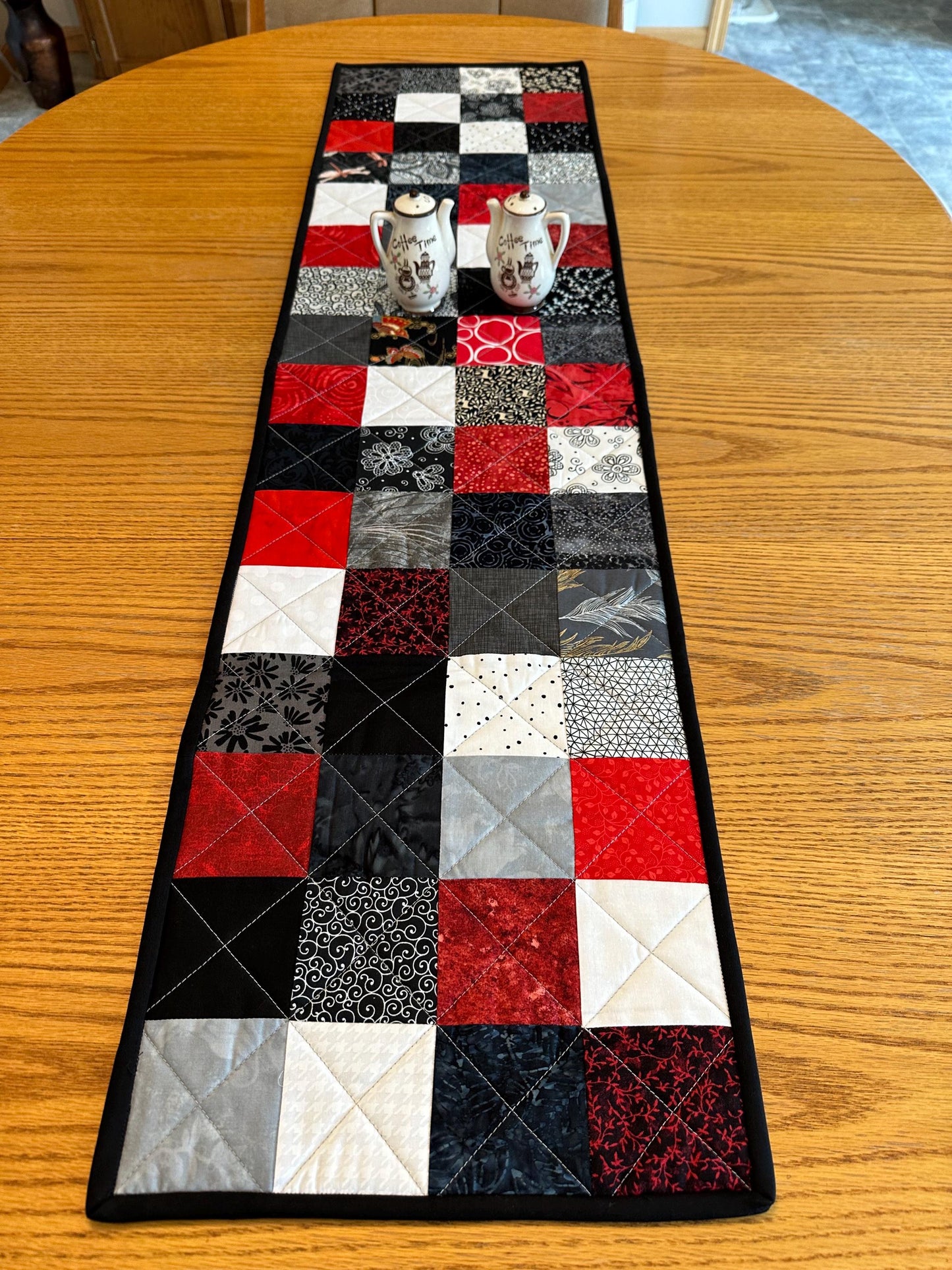 Quilted Table Runner: Red, Black & White Batik Floral Centerpiece 12 x 48