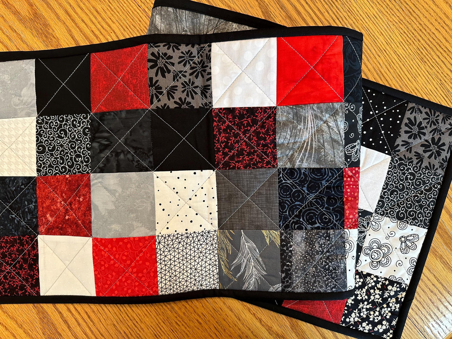 Quilted Table Runner: Red, Black & White Batik Floral Centerpiece 12 x 48