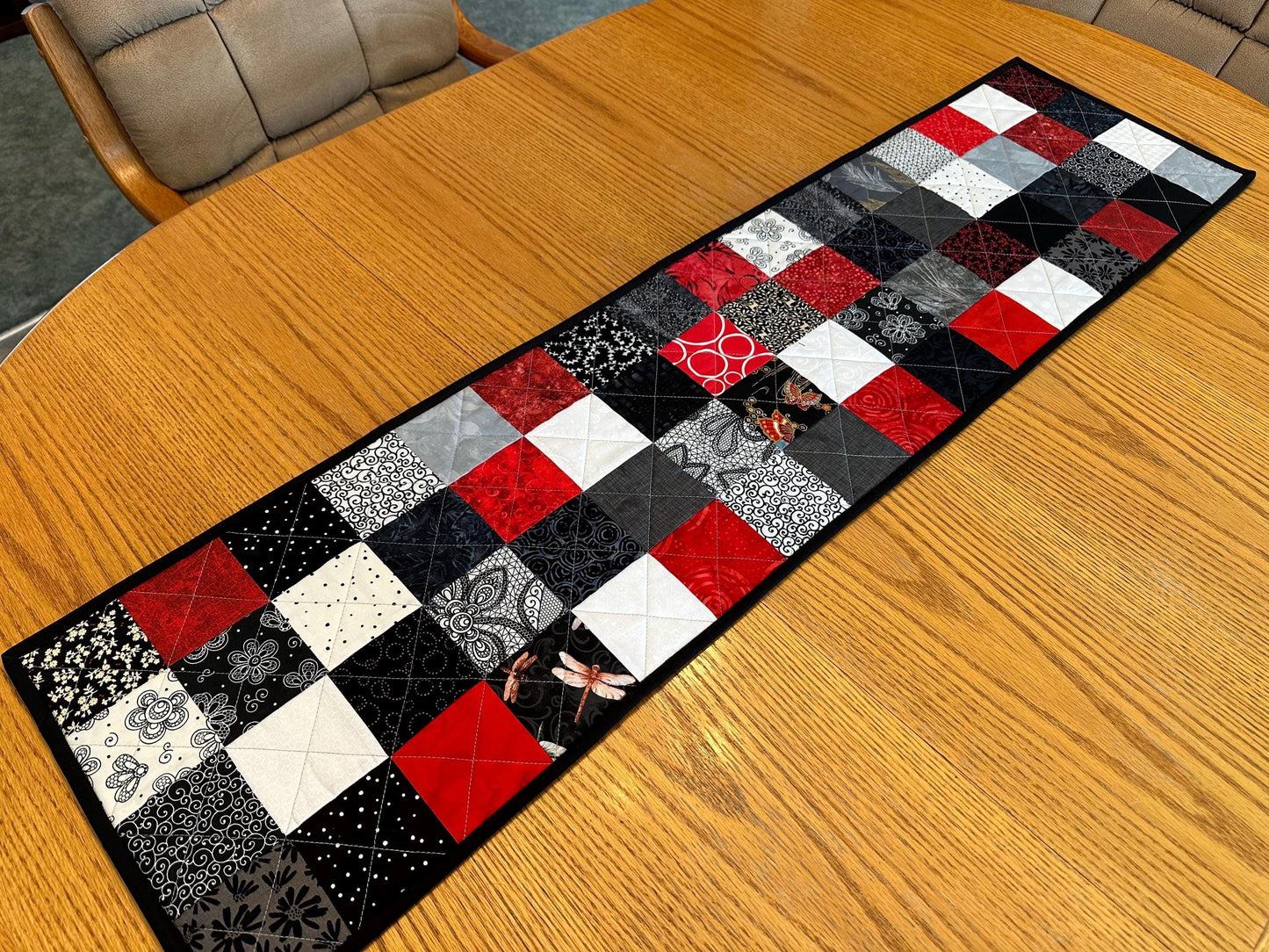 Quilted Table Runner: Red, Black & White Batik Floral Centerpiece 12 x 48