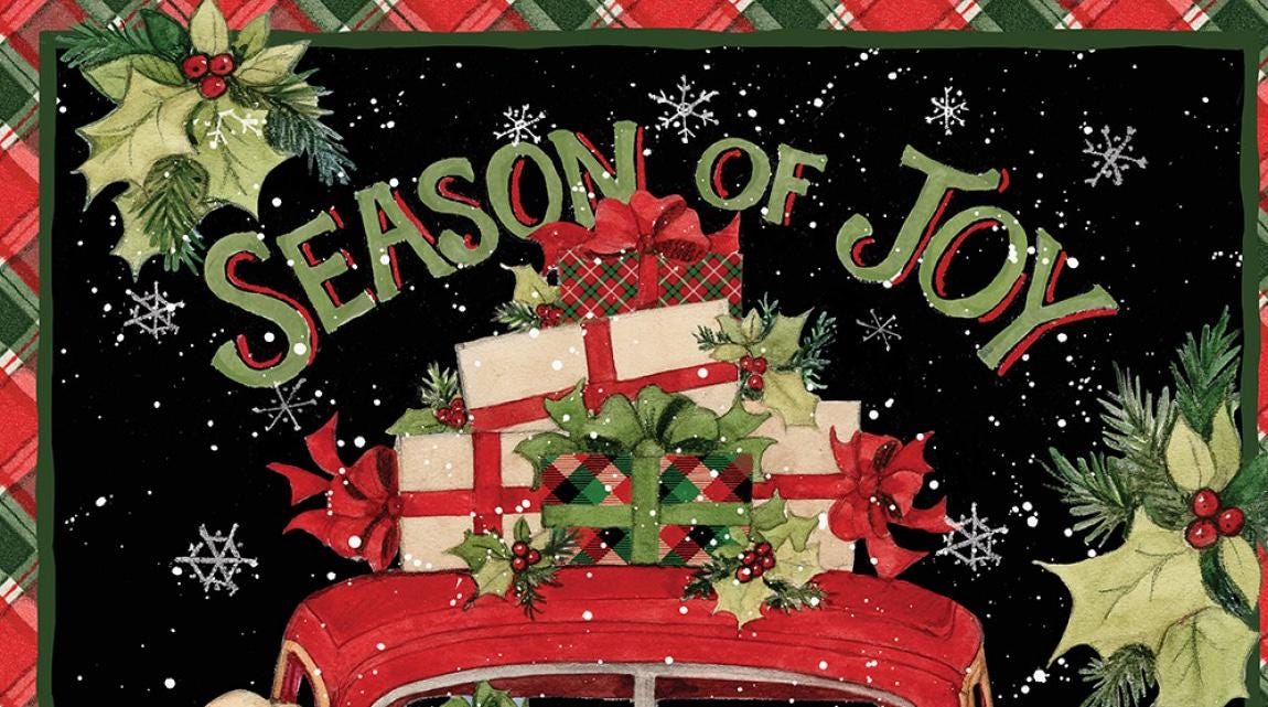 Festive Puppy Christmas Fabric Panel - 36x45 Quilting Material with Red Truck by Susan Winget